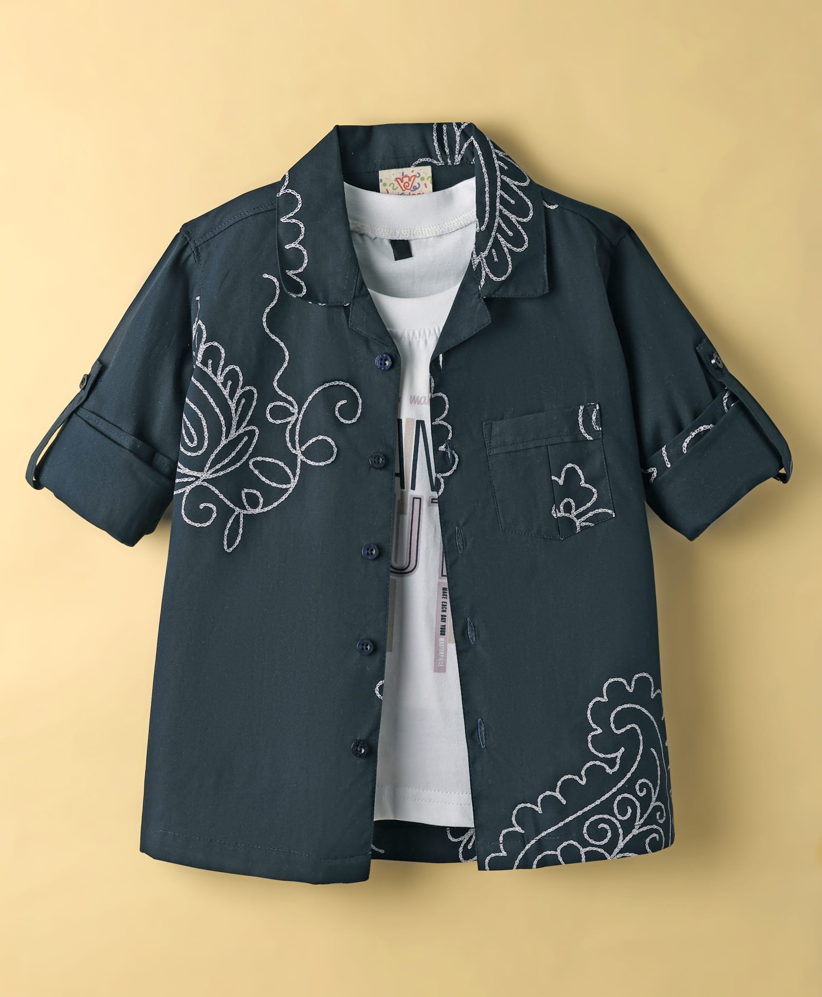 Rikidoos Full Sleeves Paisley Printed Shirt & Tee Set - Navy Blue & White-picture-14