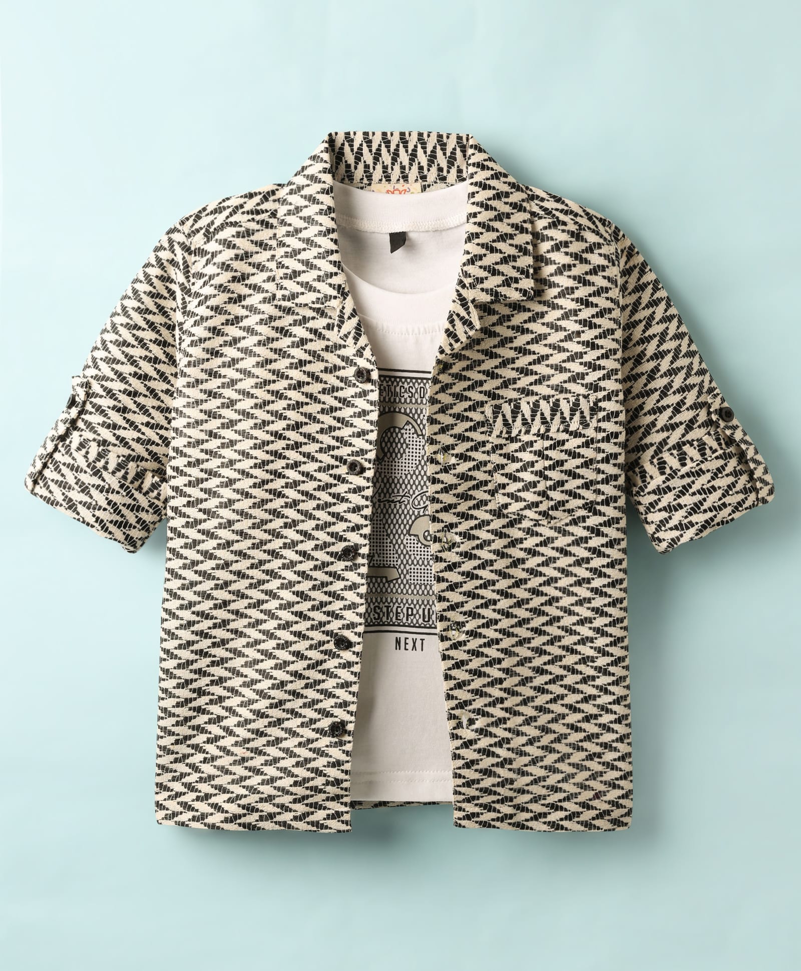 Rikidoos Full Sleeves Abstract Embroidered Shirt With Inner Tee - Black & White-picture-14