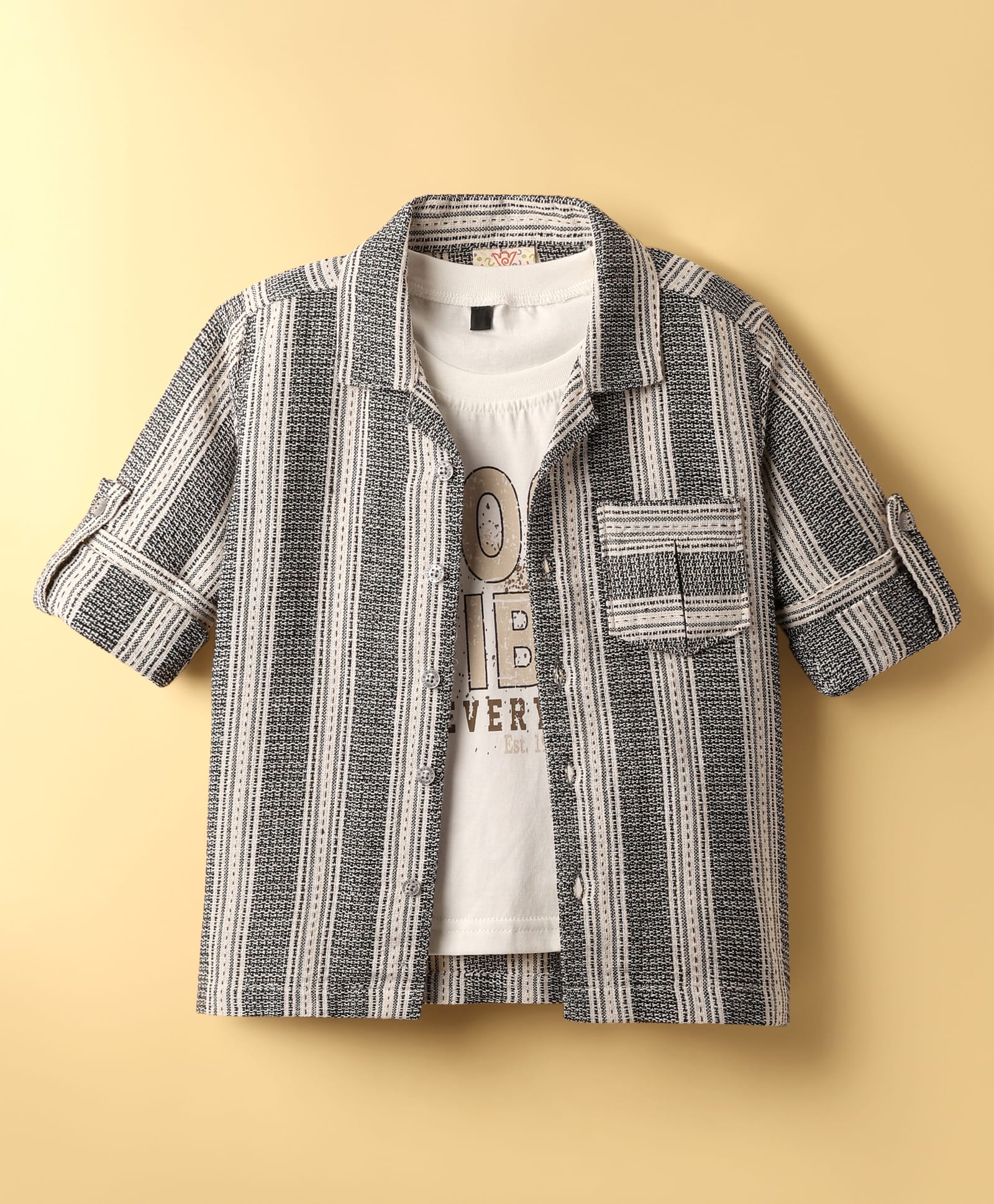 Rikidoos Full Sleeves Striped Shirt With Good Vibes Text Printed Inner Tee - Black & White-picture-32