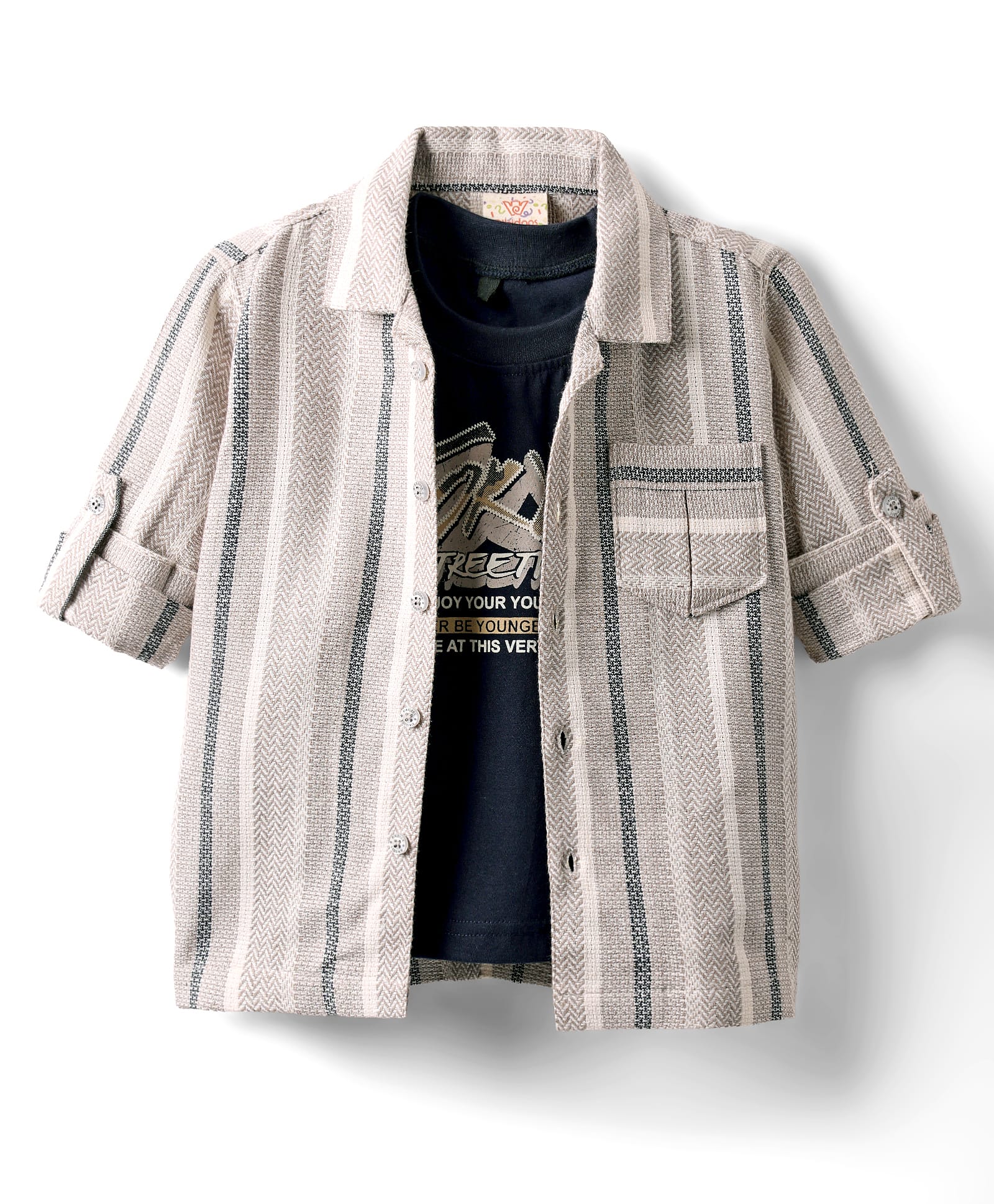Rikidoos Full Sleeves Striped Shirt With Tokyo Text Printed Inner Tee - Beige & Navy Blue-image-7