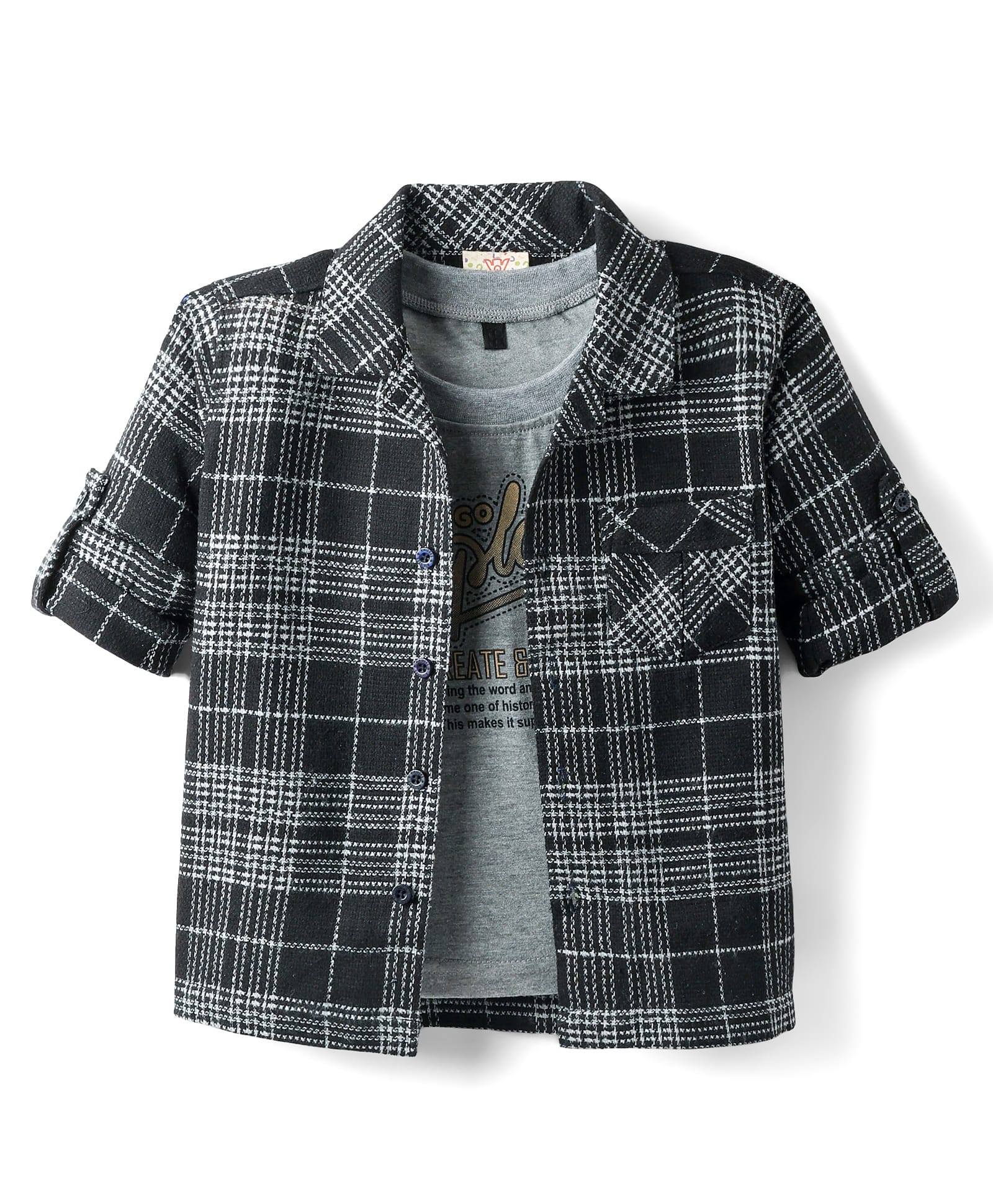 Rikidoos Full Sleeves Checked Shirt & Exploring Text Printed Tee Set - Black & Grey-picture-29