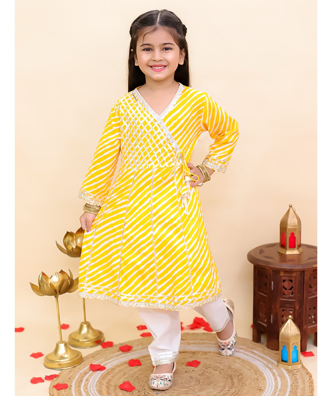 AJ Dezines Cotton Woven Full Sleeves Leheriya Printed & Gota Lace Embellished Kurti Pajama Set - Yellow-picture-43