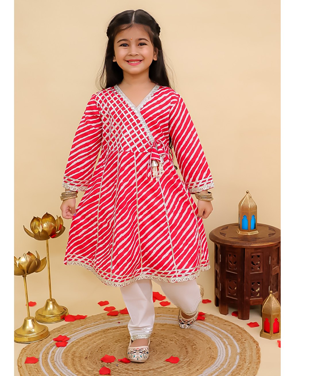 AJ Dezines Cotton Woven Full Sleeves Leheriya Printed & Gota Lace Embellished Kurti Pajama Set - Red-picture-26