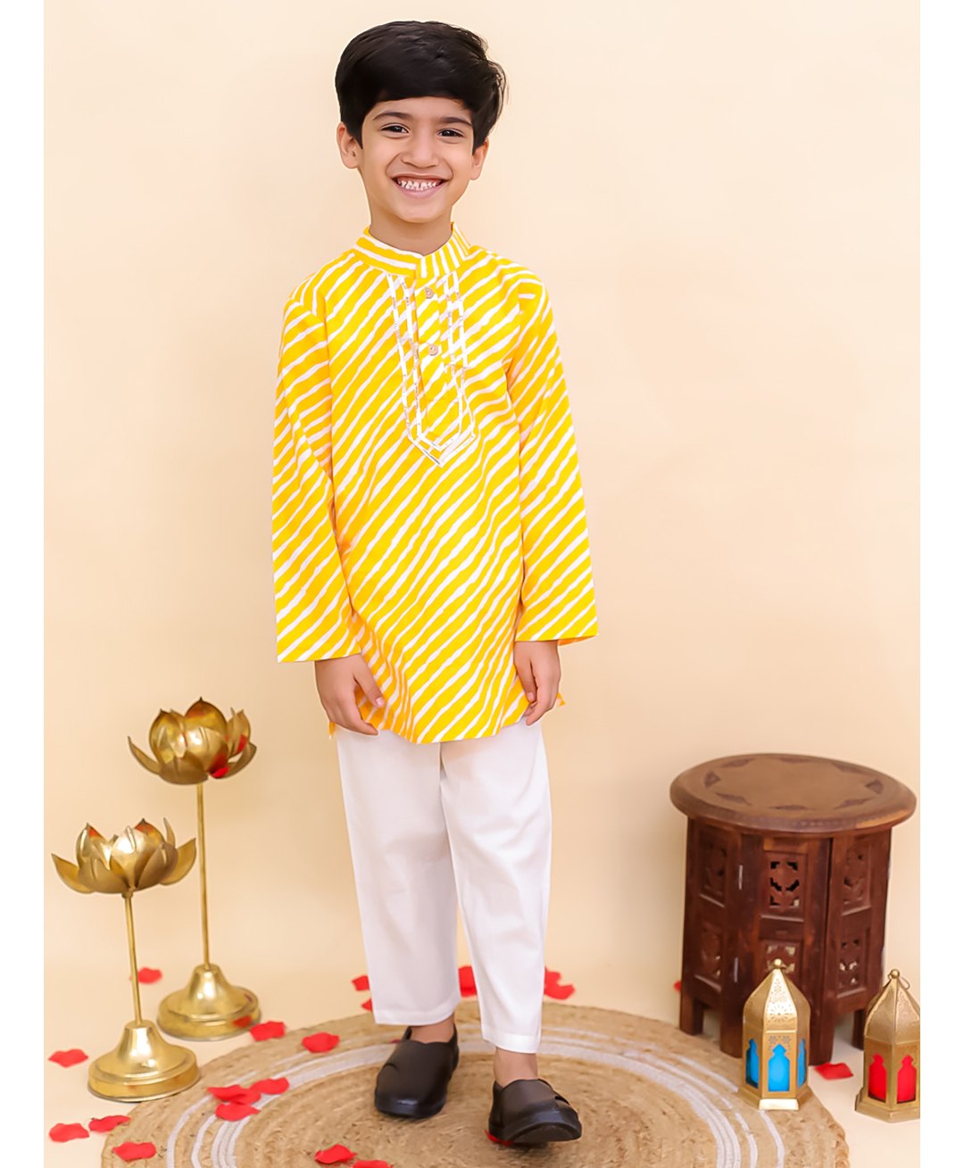 AJ Dezines Cotton Woven Full Sleeves Leheriya Printed & Gota Lace Embellished Kurta Pajama Set - Yellow-image-48