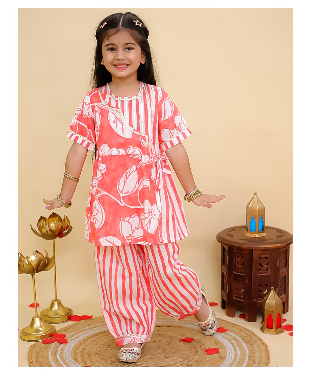 AJ Dezines Cotton Woven Half Sleeves Floral Printed & Gotta Lace Embellished Kurti Pant Set - Red-picture-11