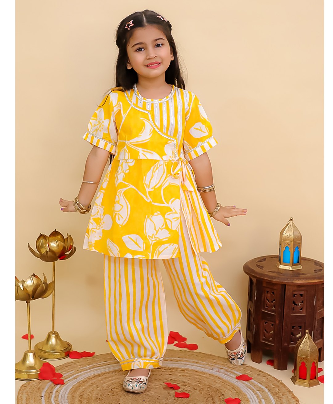 AJ Dezines Cotton Woven Half Sleeves Floral Printed & Gotta Lace Embellished Kurti Pant Set - Yellow-picture-12