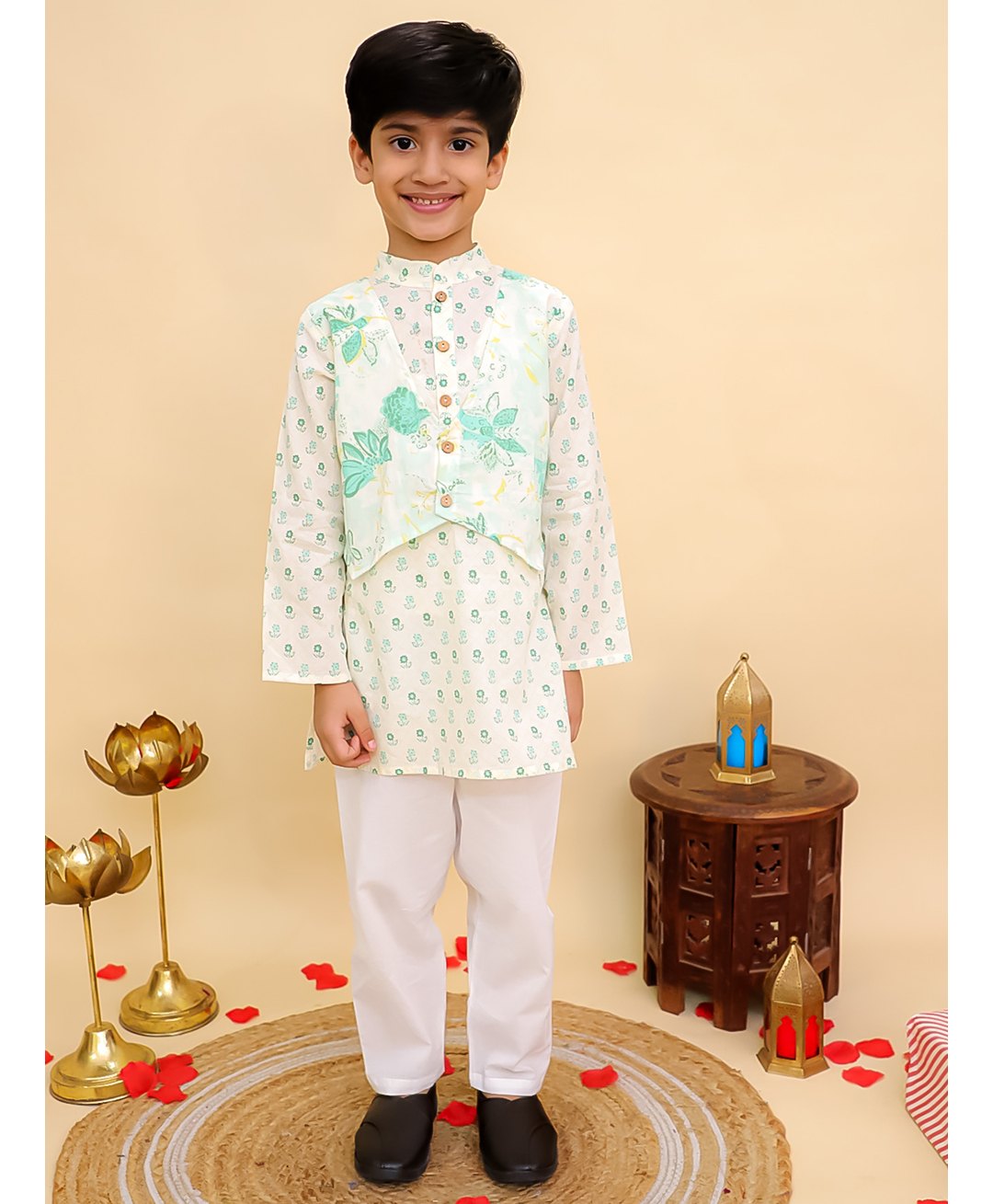AJ Dezines Cotton Woven Full Sleeves Floral Printed Kurta Pyjama Set - Green-picture-22