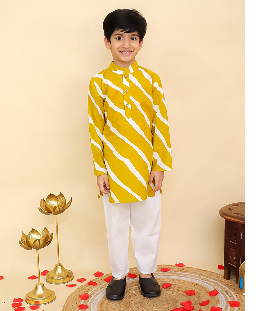 AJ Dezines Cotton Woven Full Sleeves Leheriya Printed Kurta Pyjama Set - Mustard-picture-24
