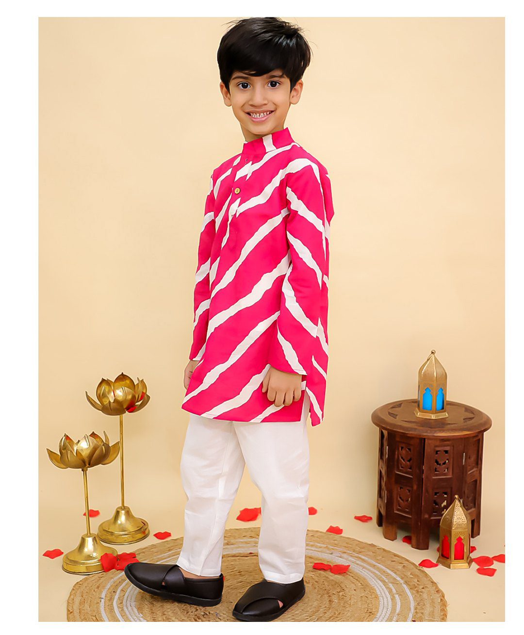 AJ Dezines Cotton Woven Full Sleeves Leheriya Printed Kurta Pyjama Set - Pink-picture-10