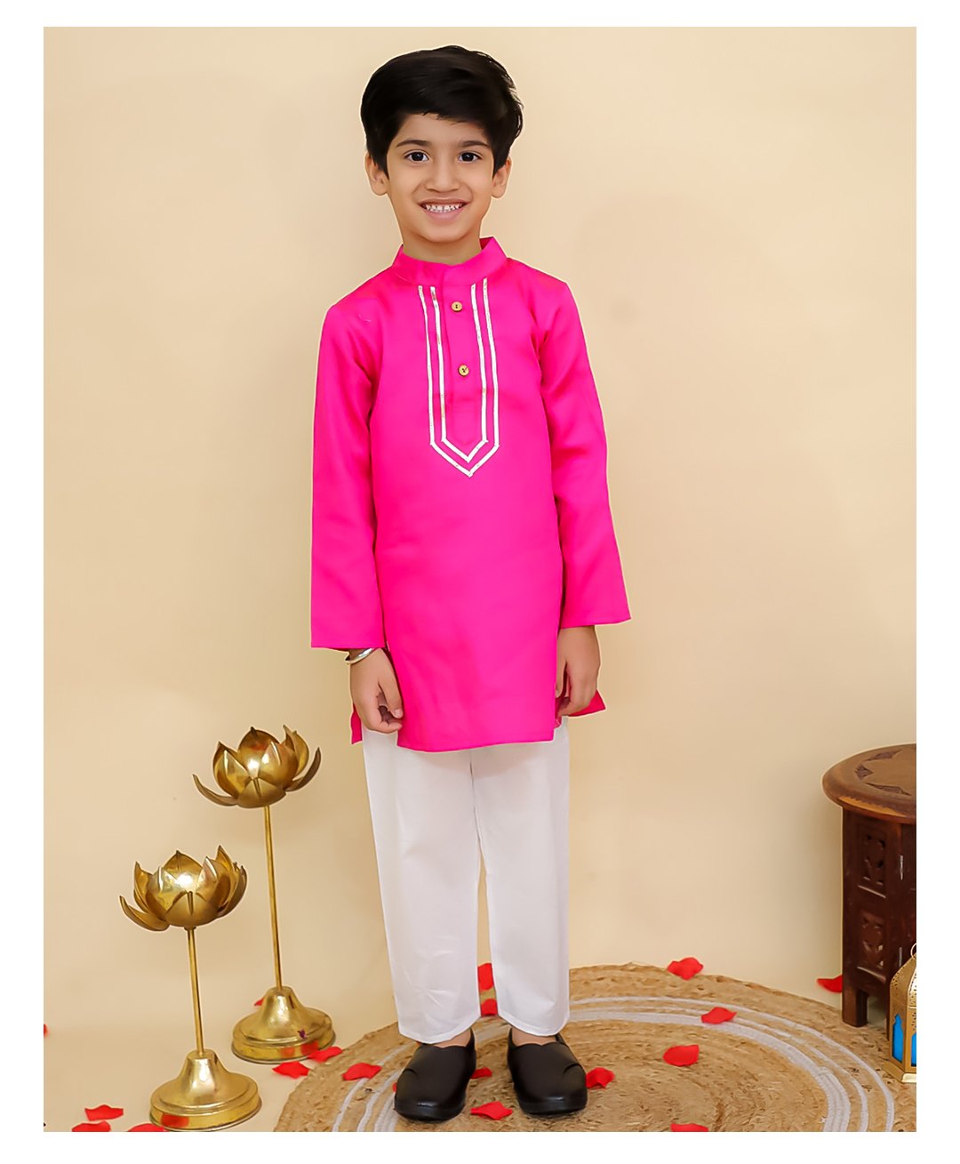AJ Dezines Cotton Woven Full Sleeves Gotta Lace Embellished Kurta Pyjama Set - Pink-picture-32