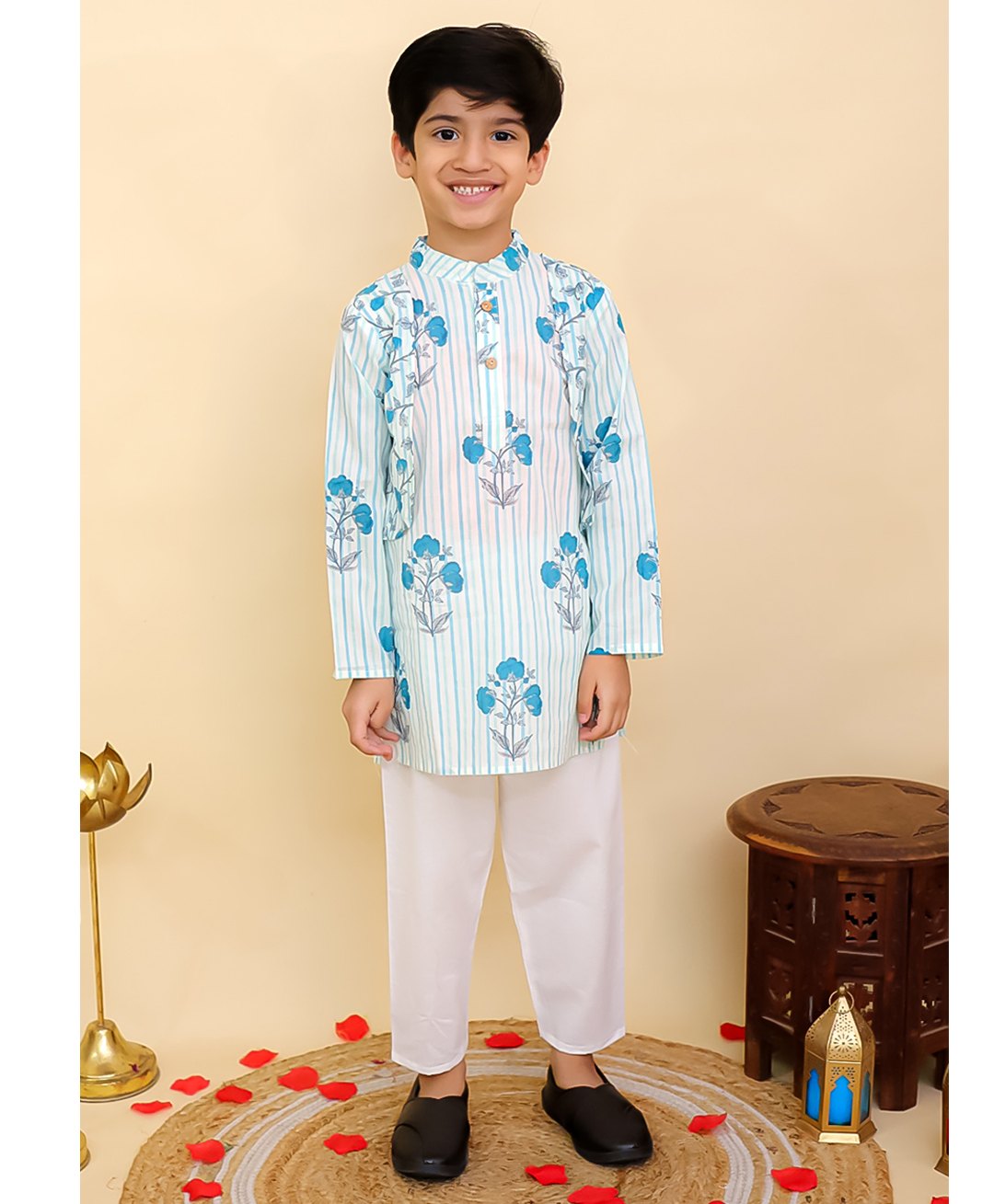 AJ Dezines Cotton Woven Full Sleeves Floral Printed & Striped Kurta Pyjama Set - Blue-picture-39