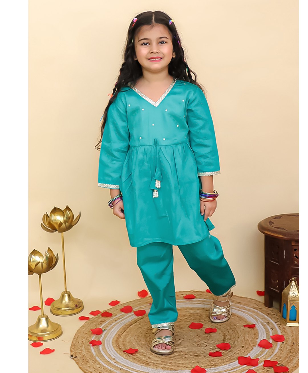 AJ Dezines Cotton Woven Three Fourth Sleeves Ethnic Embroidered Placket Gota Lace Embellished Kurti Pyjama Set - Blue-picture-25
