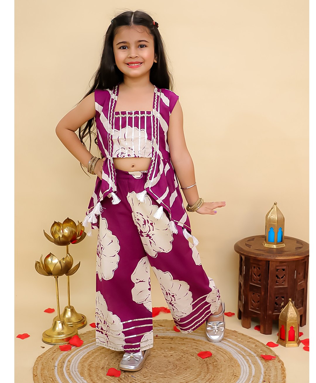 AJ Dezines Cotton Woven Sleeveless Floral Printed Gota Lace Embellished Top With Attached Shrug & Coordinating Pant Set - Purple-picture-18