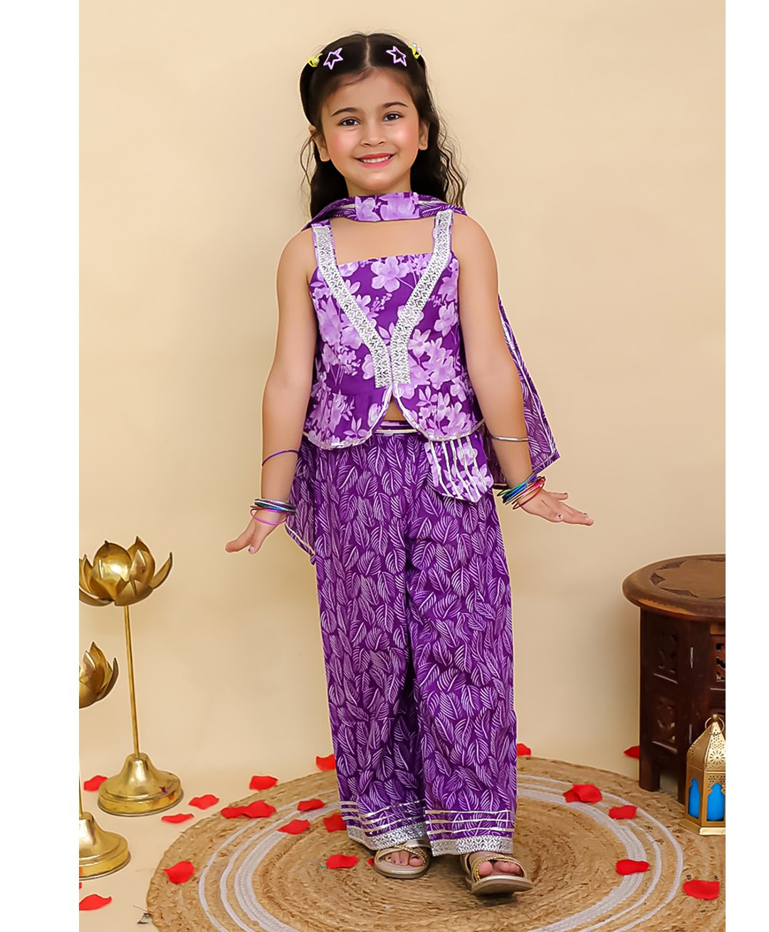 AJ Dezines Cotton Woven Sleeveless Floral Printed & Gota Lace Embellished Top Palazzo & Dupatta Set - Purple-picture-14