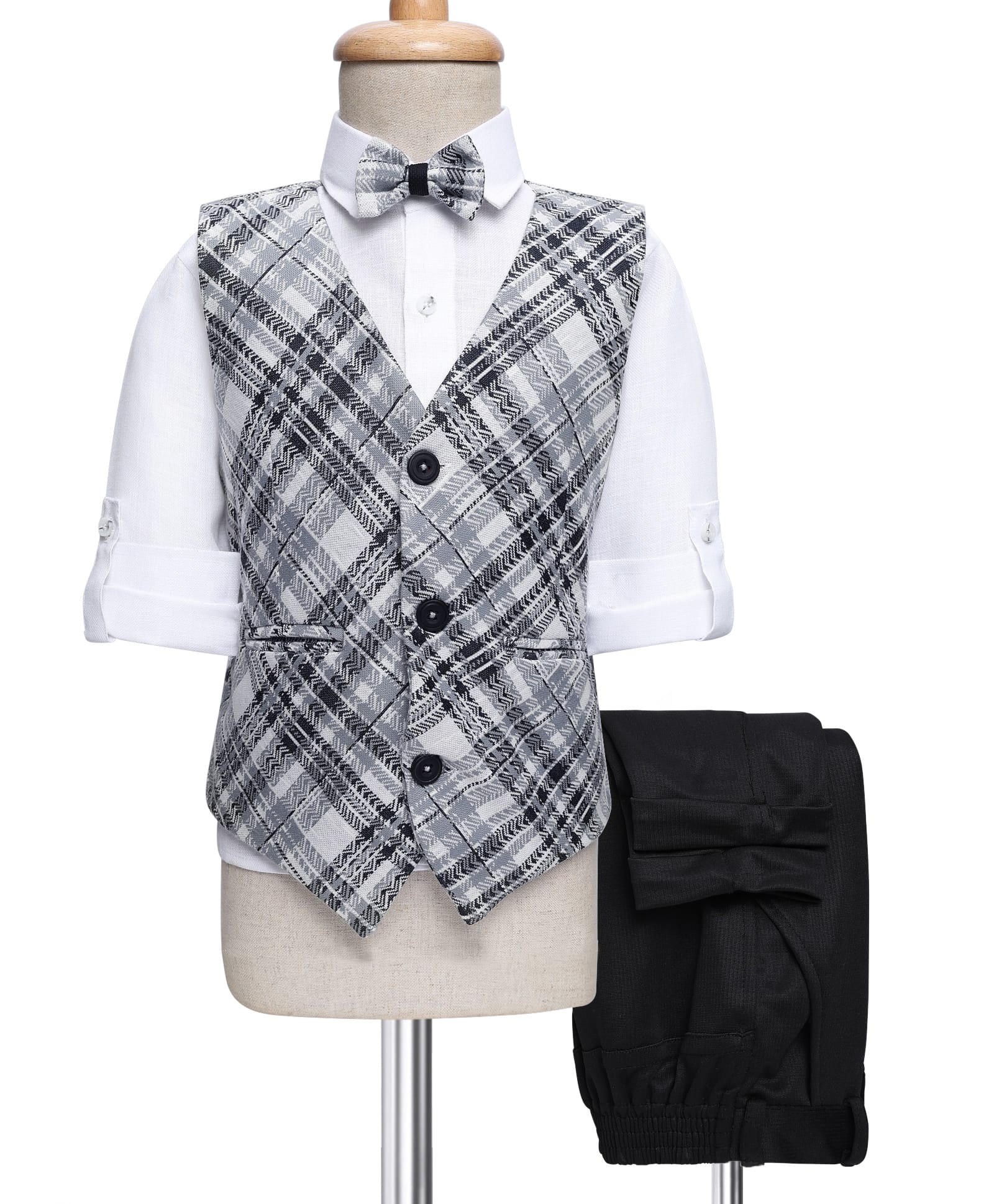 Radutu Full Sleeves Checked 3 Piece Party Suit Set With Bow - Light Grey & Black-picture-23