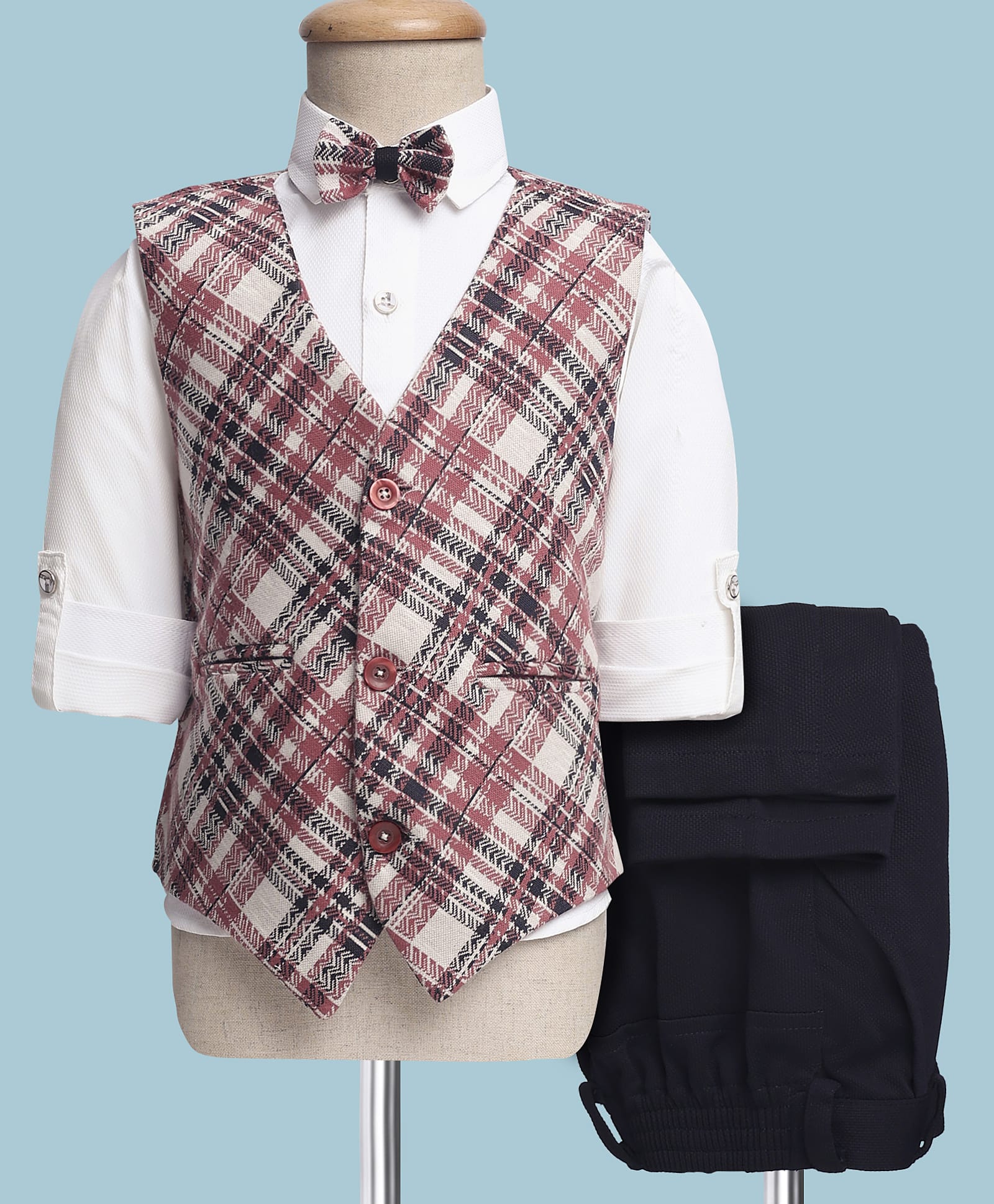 Radutu Full Sleeves Checked 3 Piece Party Suit Set With Bow - Dusty Pink & Navy Blue-picture-38