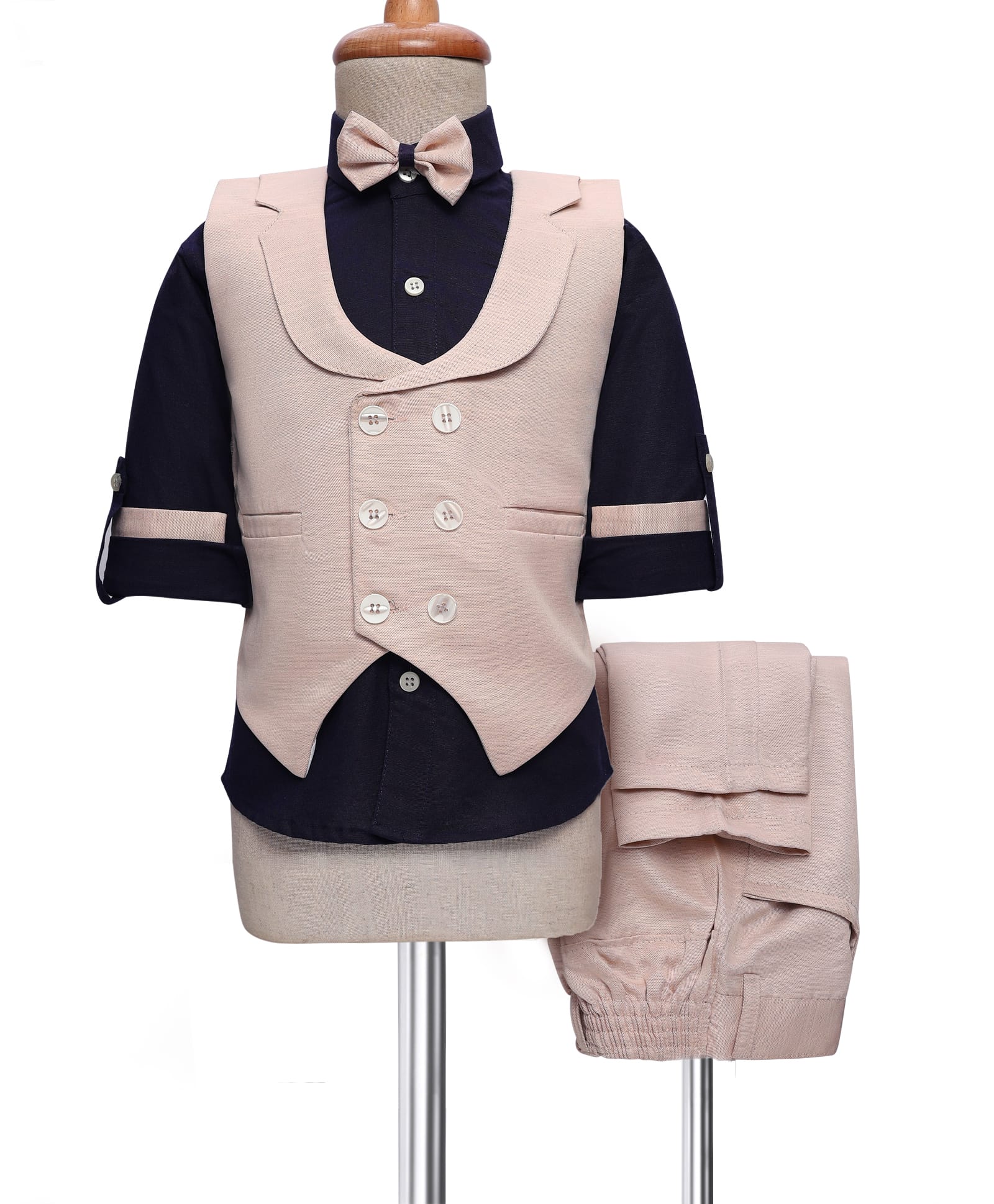 Radutu Full Sleeves Solid 3 Piece Party Suit Set With Bow - Beige & Navy Blue-picture-36