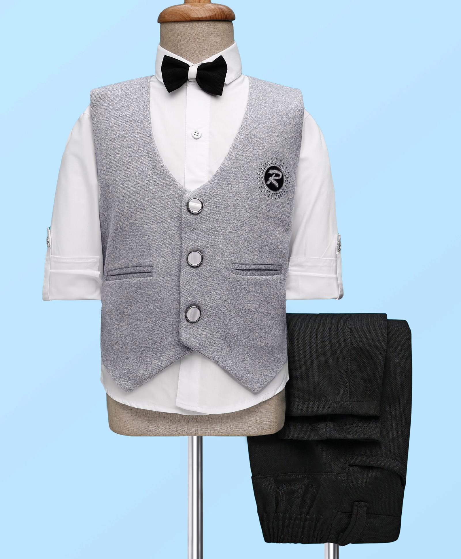 Radutu Full Sleeves Solid 3 Piece Party Suit Set With Bow - Melange & Black-picture-36