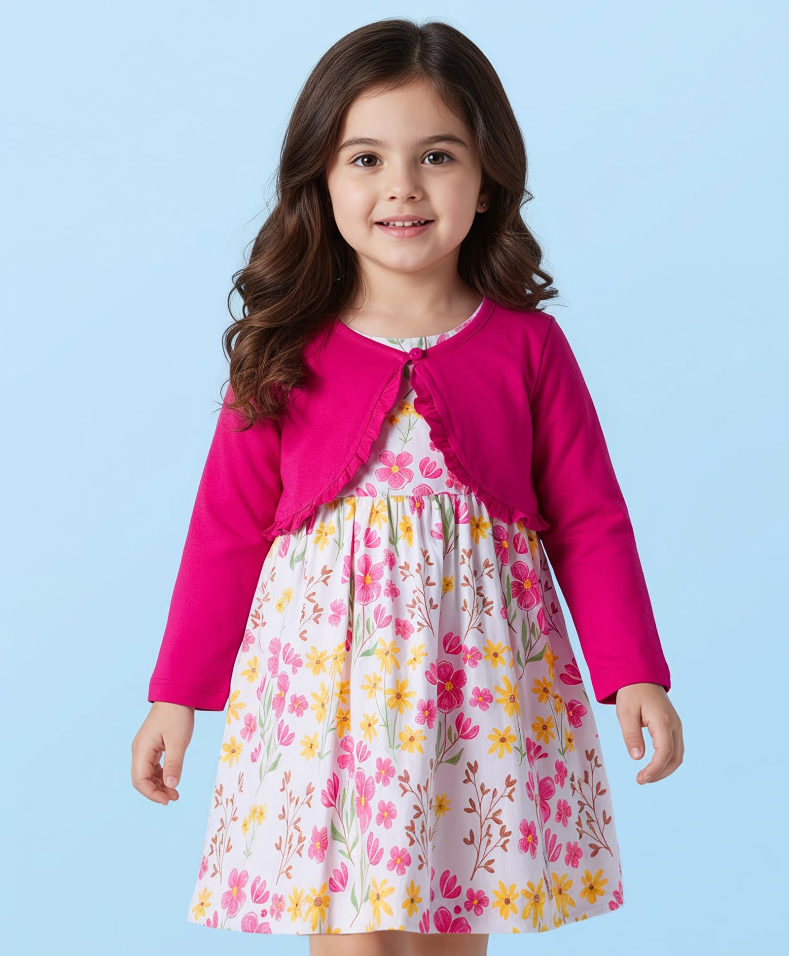 Babyhug Cotton Woven Floral Printed Frock with Full Sleeves Shrug - Dark Pink & White-picture-10