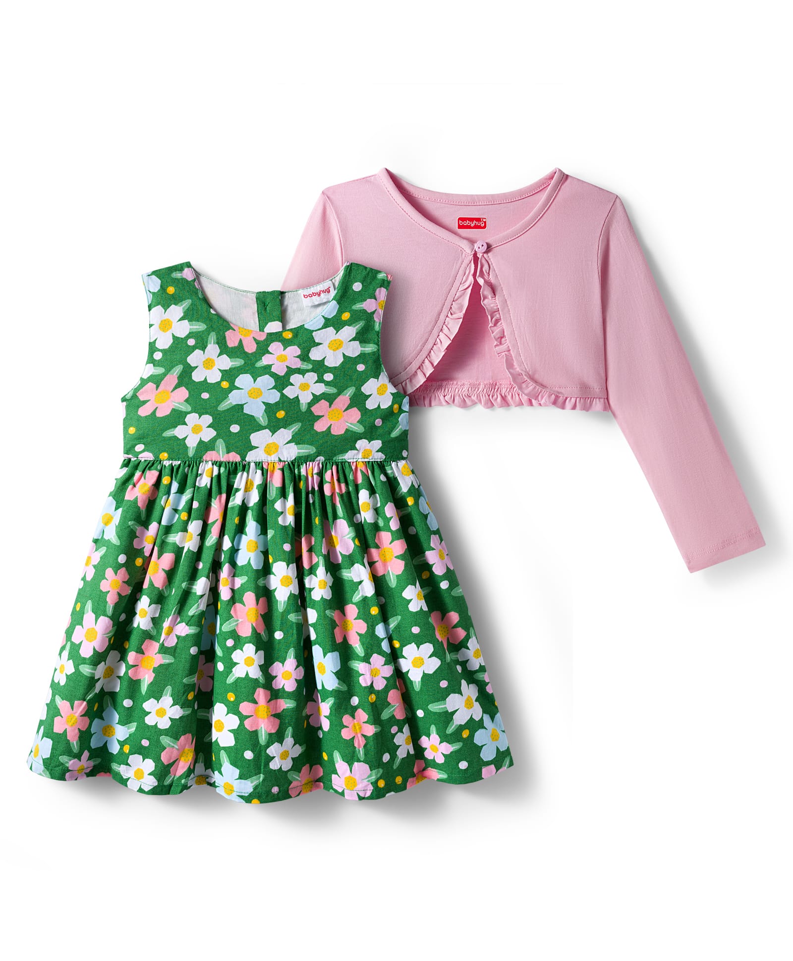 Babyhug Cotton Knit Floral Printed Frock with Full Sleeves Shrug - Pink & Green-image-17