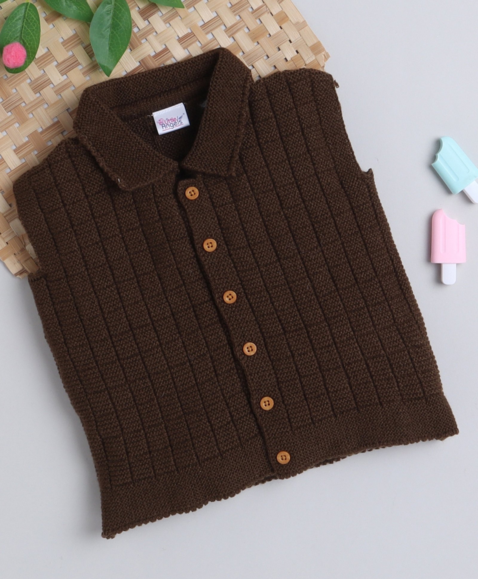 Little Angels Woollen Knitted Sleeveless Self Designed & Striped Sweater - Rust-image-49