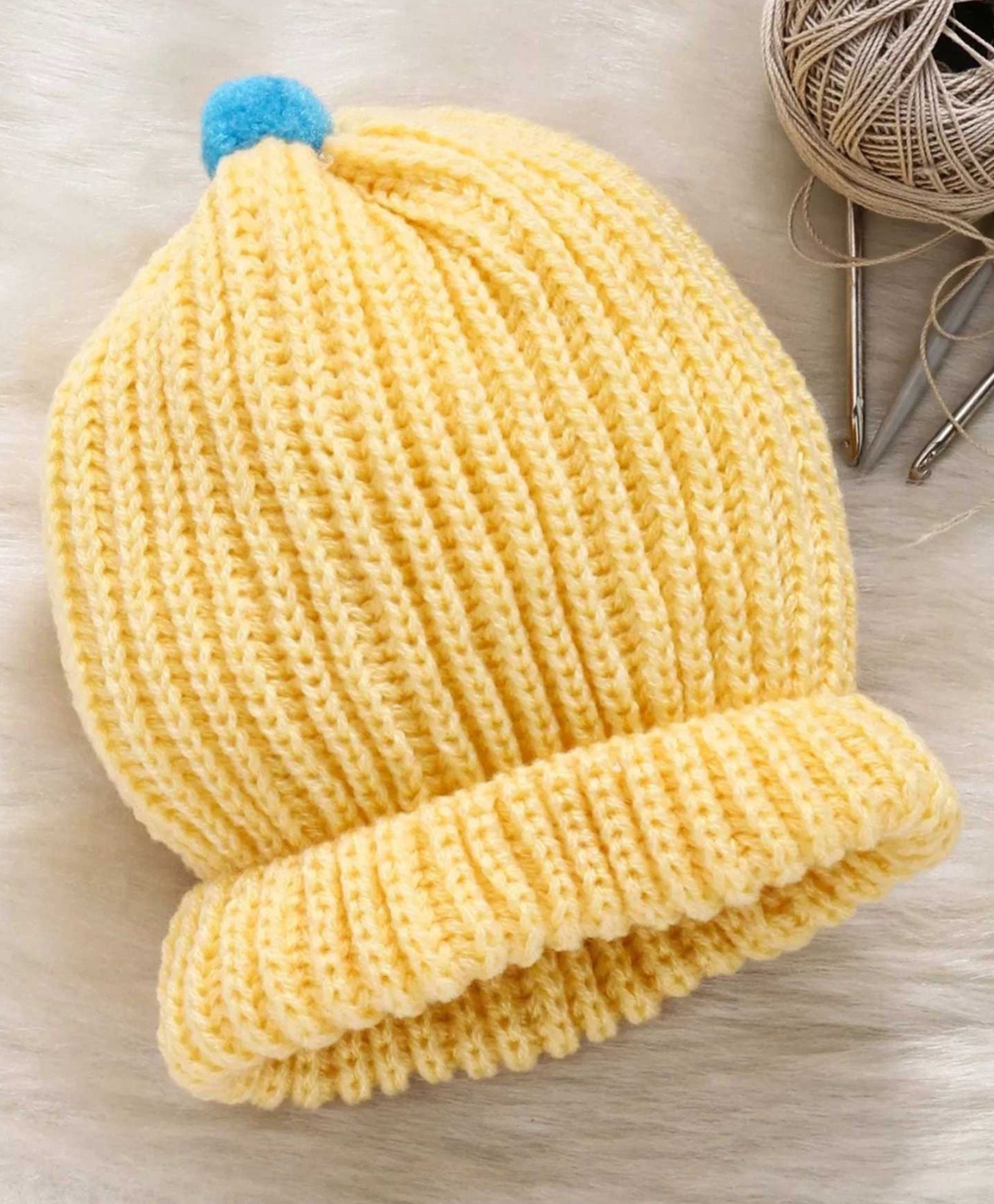 Little Angels Knitted Braided & Pom Pom Embellished Cap - Yellow - Diameter - 28cm-picture-27