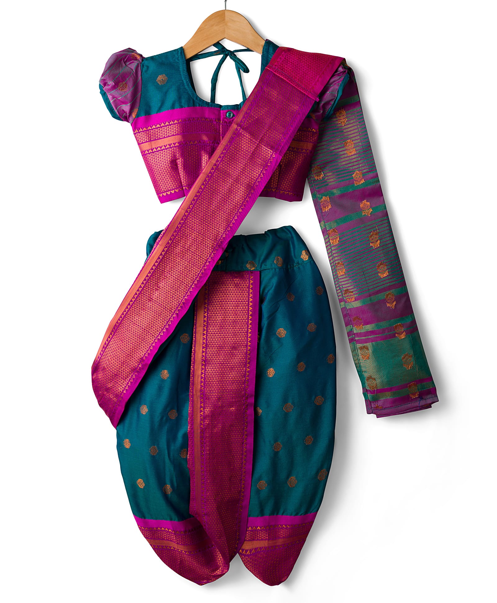 Bhartiya Paridhan Silk Woven with Half Puffed Sleeves Blouse And Zari Bordered Nauvari Saree - Teal Blue & Dark Pink-image-1