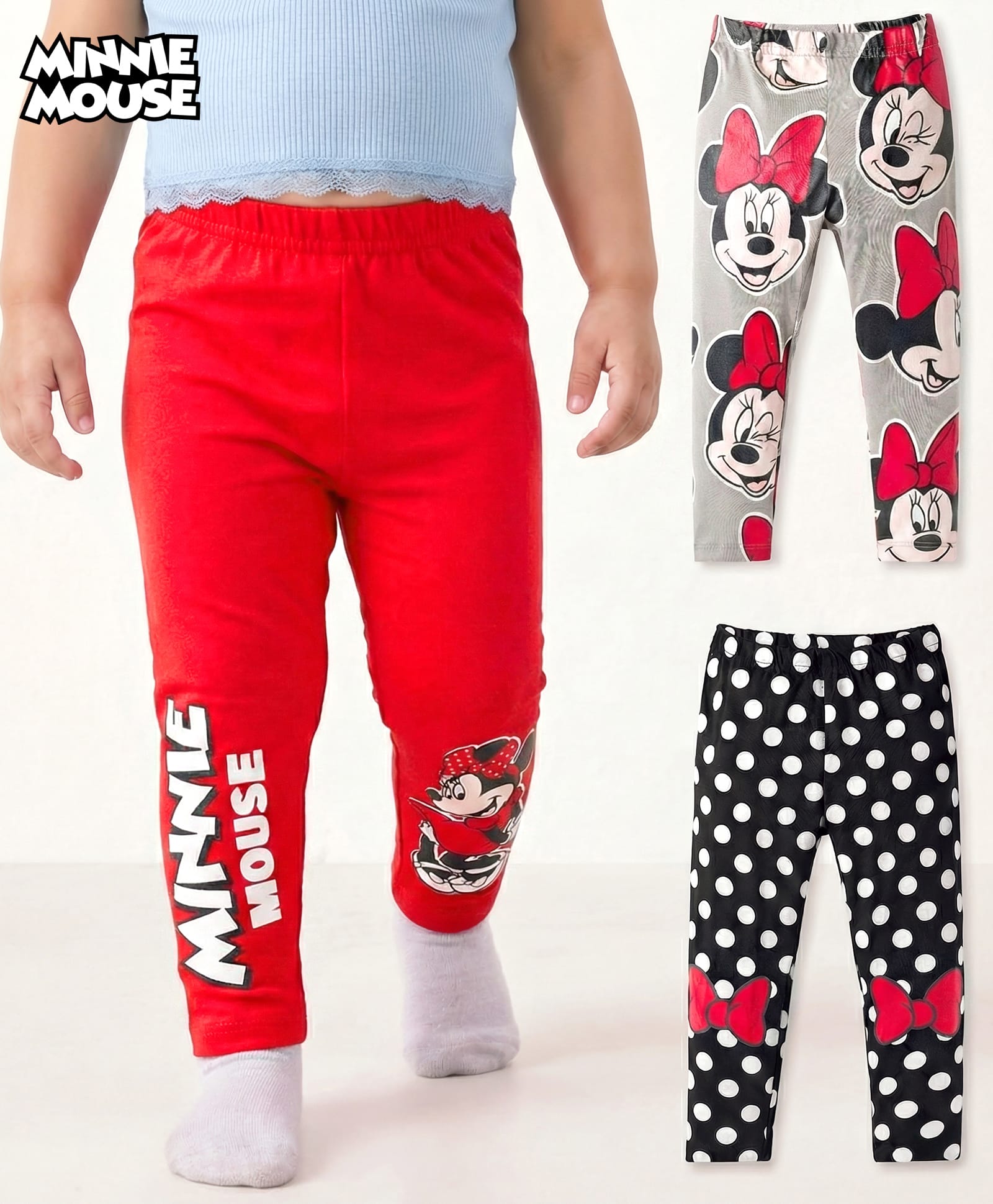 Babyhug Disney Cotton Knit Full Length Leggings With Minnie Mouse Graphics Pack Of 3 - Red Black & Grey-picture-11