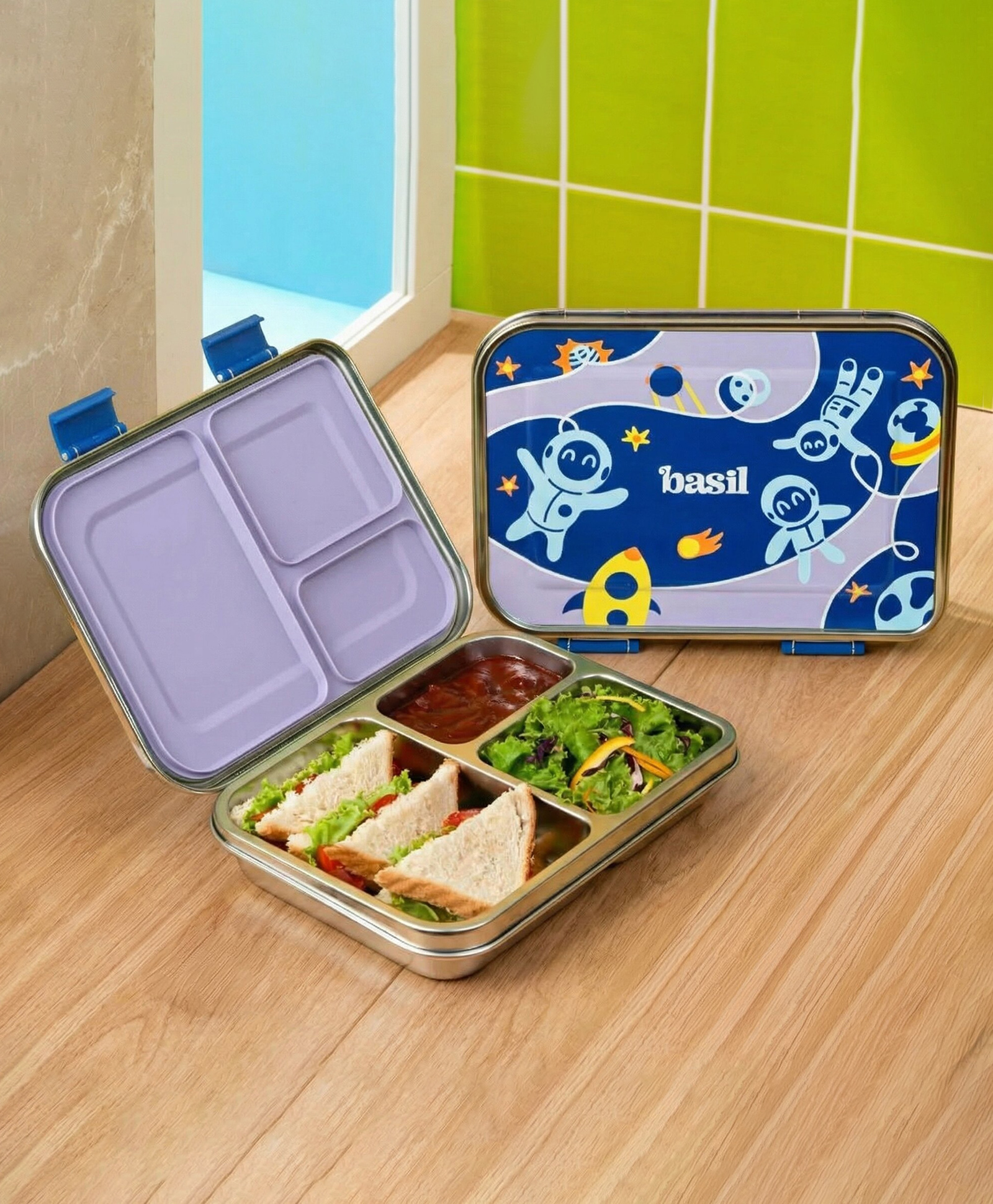 Basil Stainless Steel 3 Compartment Bento Neo Lunch Box for Kids, Easy to Open/Close - Super Swoosh-image-46