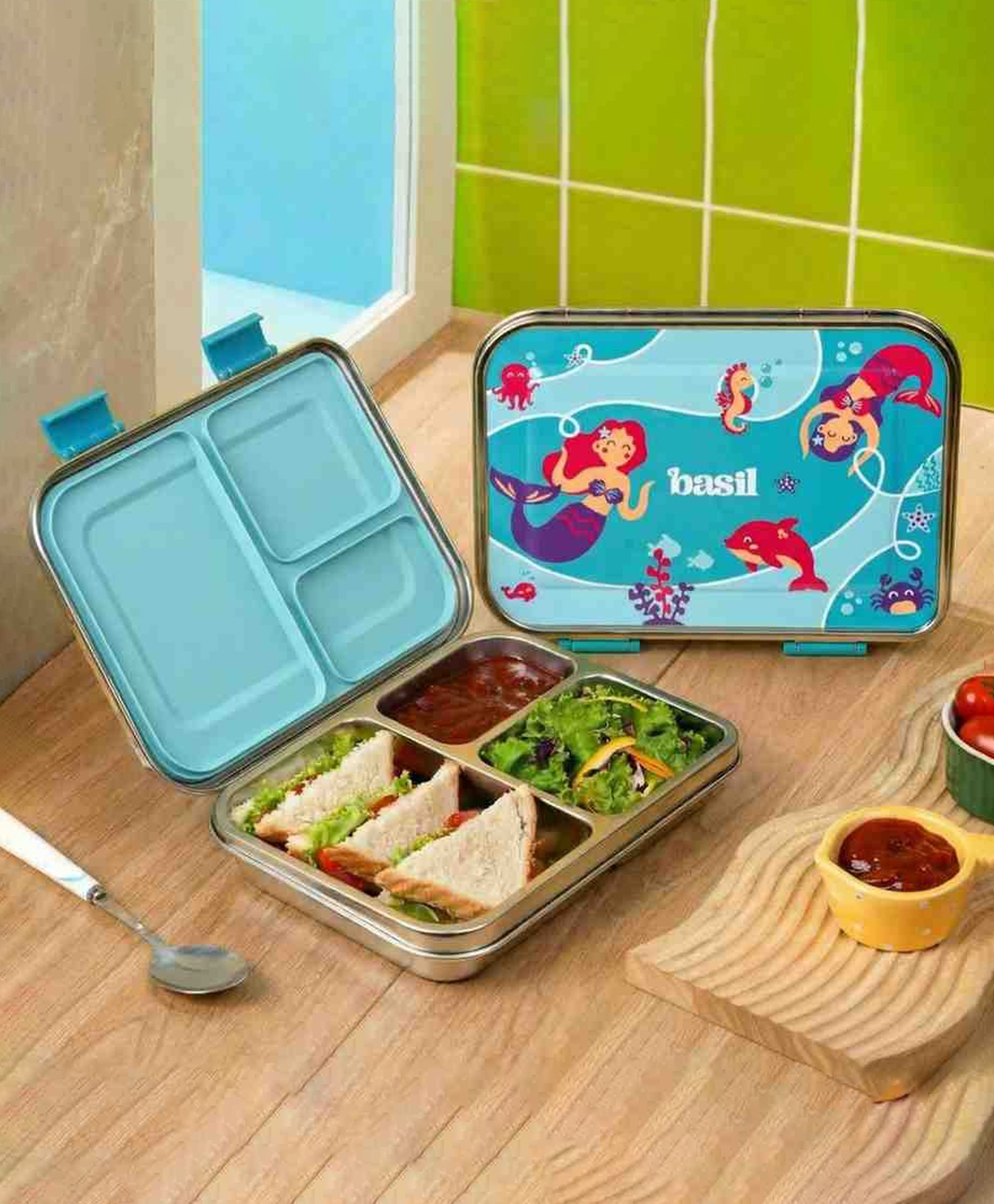 Basil Stainless Steel 3 Compartment Bento Neo Lunch Box for Kids, New & Improved, Easy to Open/Close Lunch Box - Aqua Mist-image-1