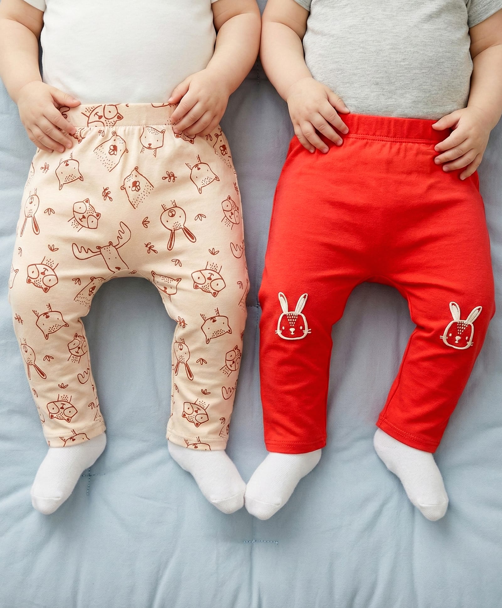 Babyoye 100% Cotton Interlock Knit Full Length Diaper Leggings With Animal Print Pack Of 2 - Red & Tan