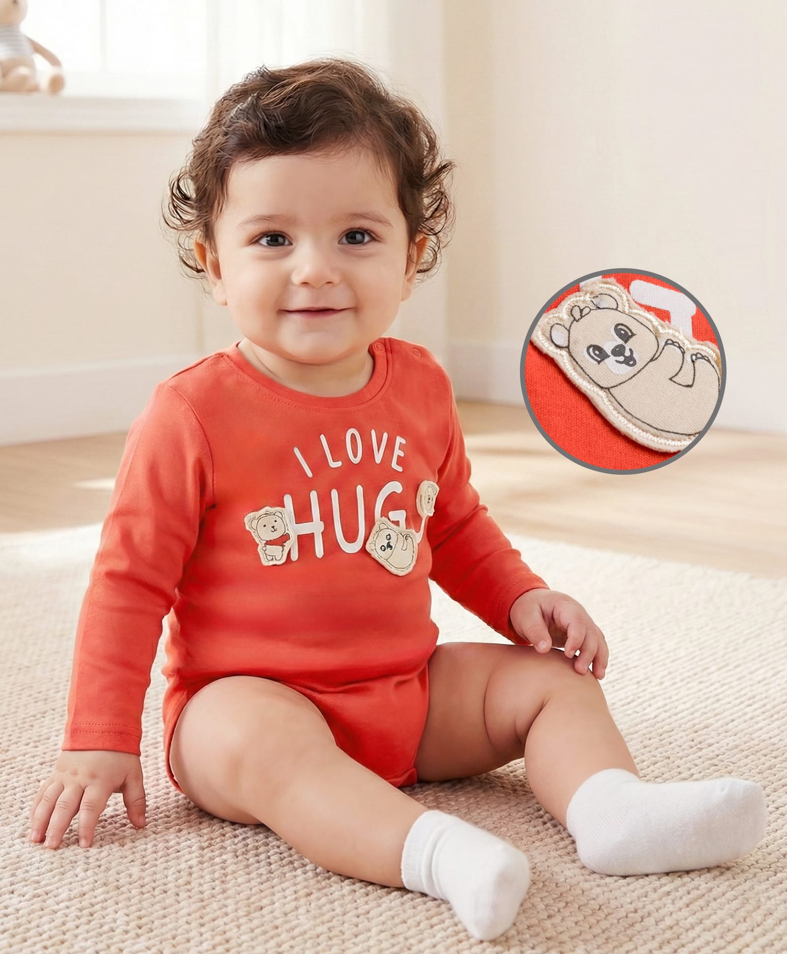Babyoye 100% Cotton Interlock Knit Full Sleeves Onesie with Bear Patch - Red-picture-13