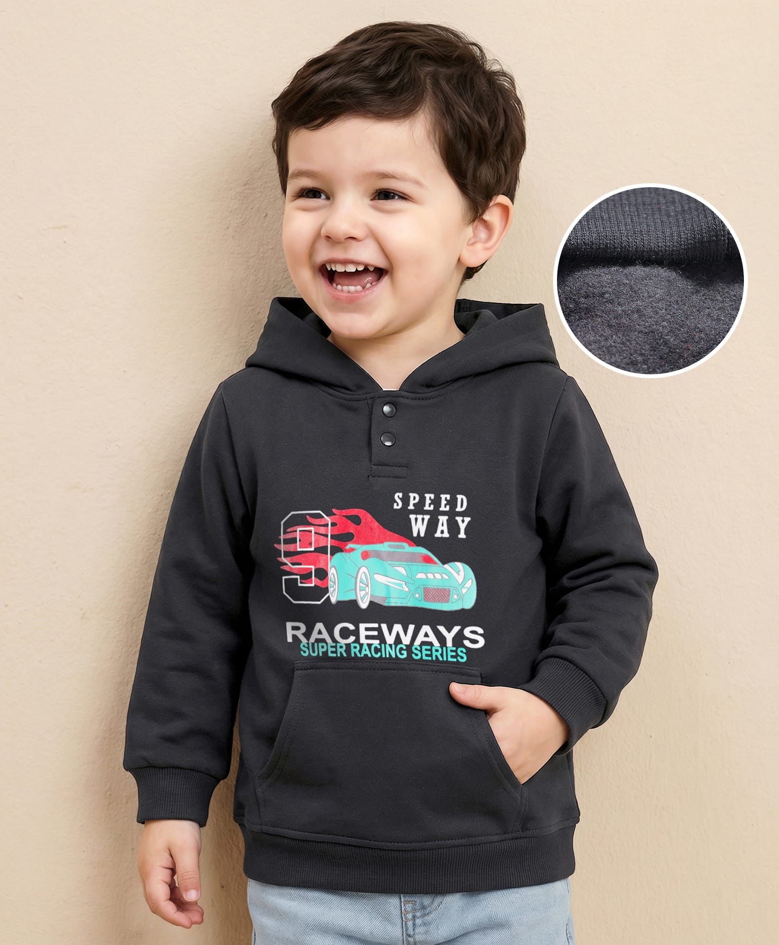 Mark & Mia Terry Knit Full Sleeves Hooded Sweatshirt with Car Graphic & Kangaroo Pocket - Black-picture-27