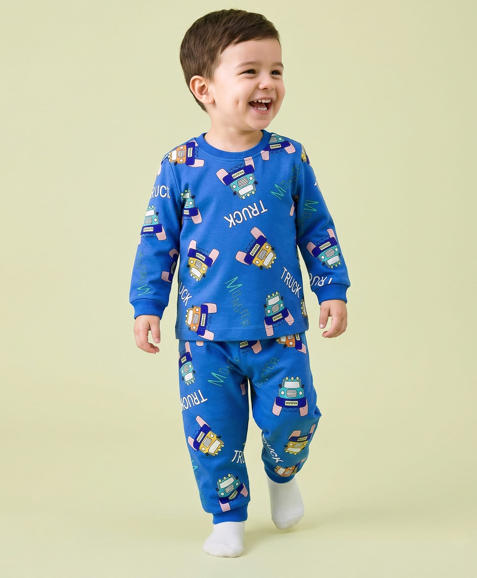 Mark & Mia Interlock Knit Full Sleeves Co-Ord Winter Nightsuit with Vehicle Print - Blue