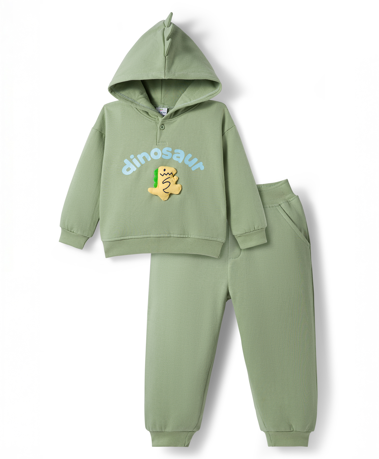 Mark & Mia Terry Knit Full Sleeves Oversized Winter Wear Hooded Sweatshirt & Lounge Pant Set with Dino Applique & Print - Green-picture-28