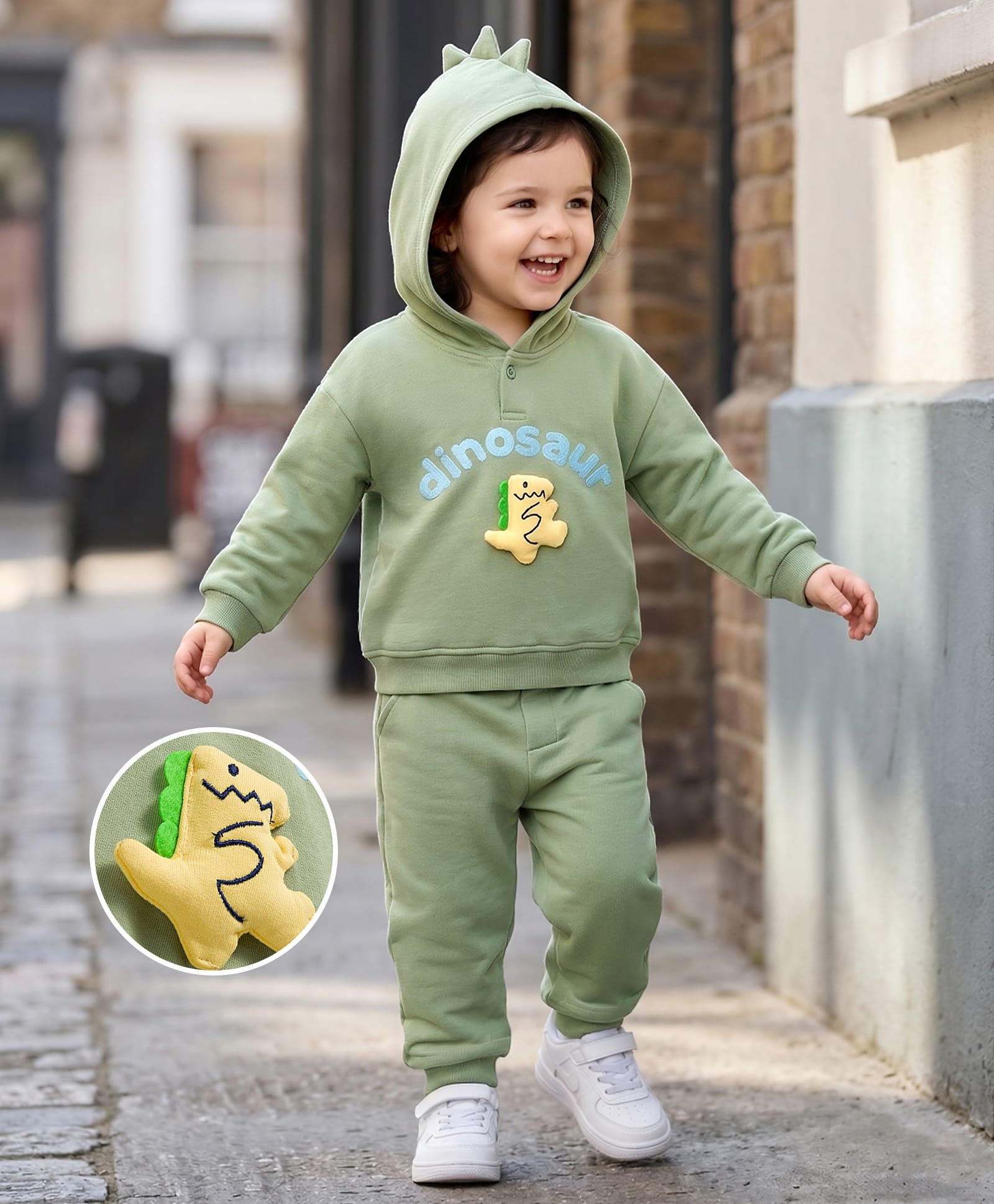 Mark & Mia Terry Knit Full Sleeves Oversized Winter Wear Hooded Sweatshirt & Lounge Pant Set with Dino Applique & Print - Green-image-17