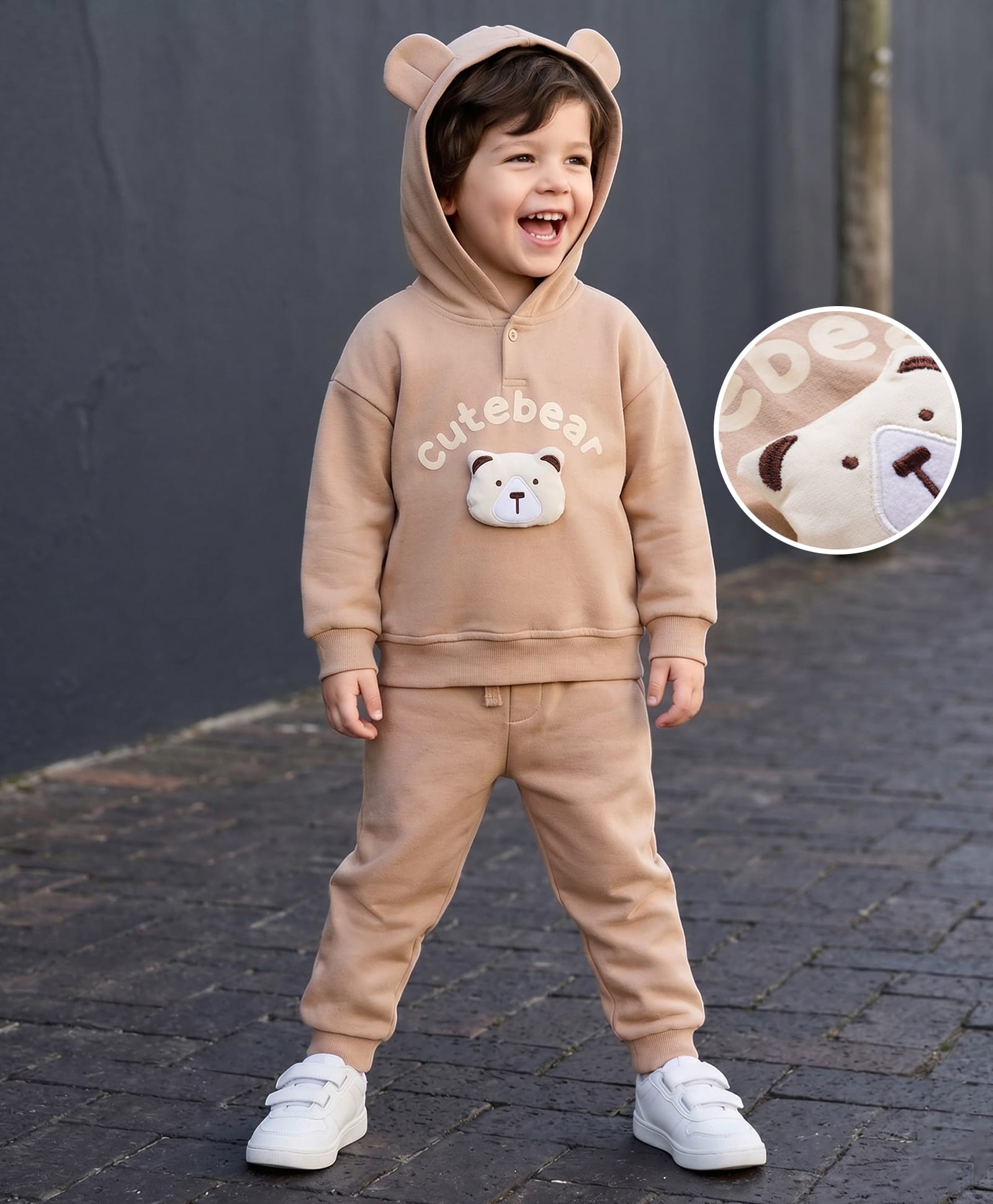 Mark & Mia Terry Knit Full Sleeves Oversized Winter Wear Hooded Sweatshirt & Lounge Pant Set with Bear Applique & Print - Brown-image-12