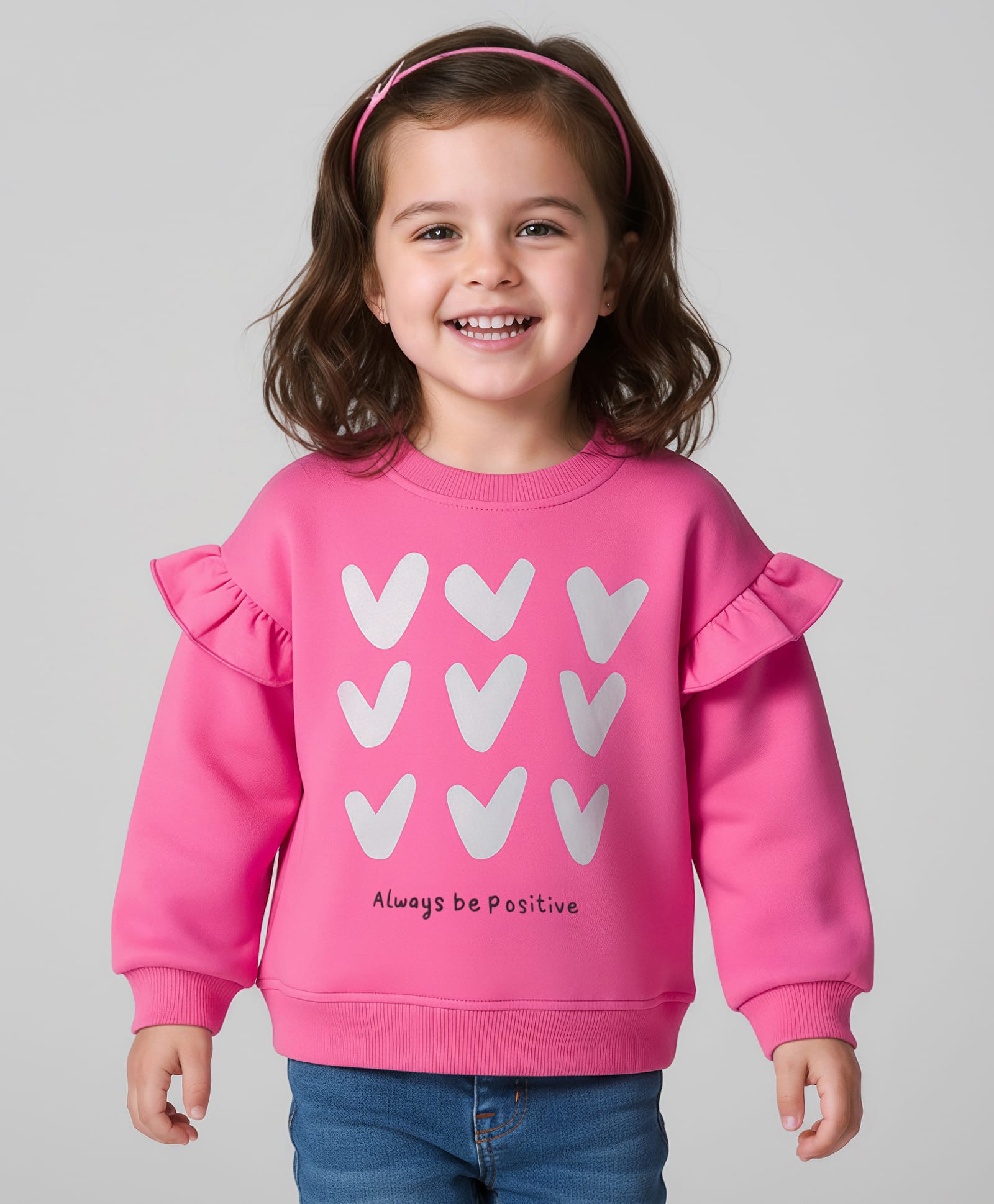 Mark & Mia Terry Knit Full Sleeves Sweatshirt with Frill Detailing & Heart Print - Pink