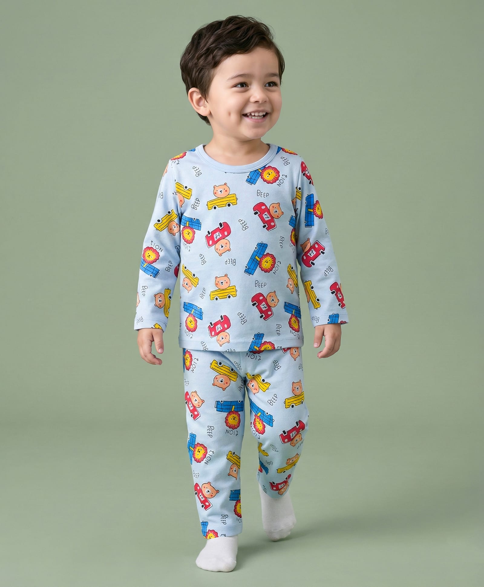 Mark & Mia Interlock Knit Full Sleeves Winter Wear Co-ords Night Suit With Animal Print - Blue