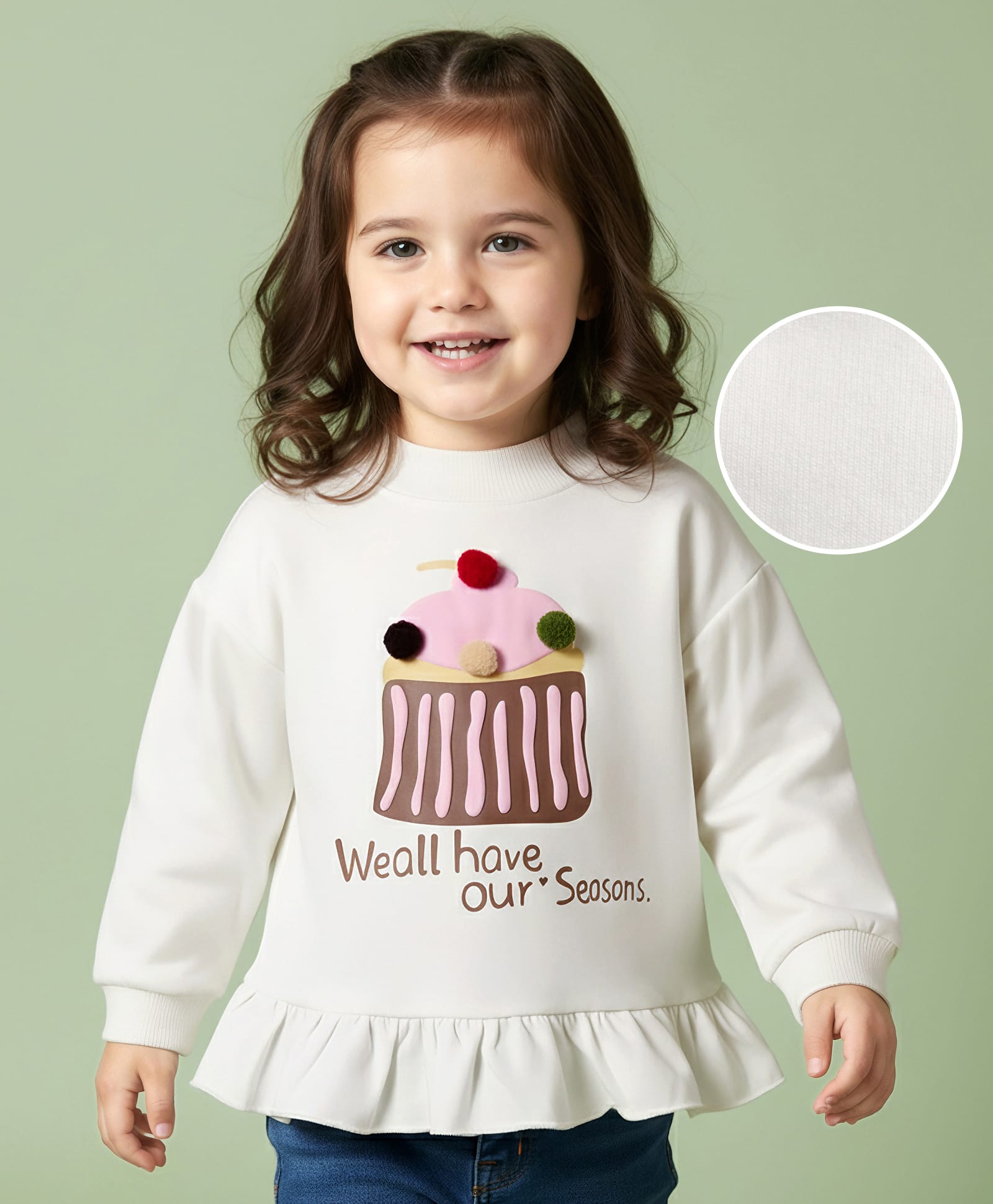 Mark & Mia Terry Knit Full Sleeves Oversized Sweatshirt with Frill Detailing Cup Cake Graphic & Pom Pom Detailing - Cream-image-21