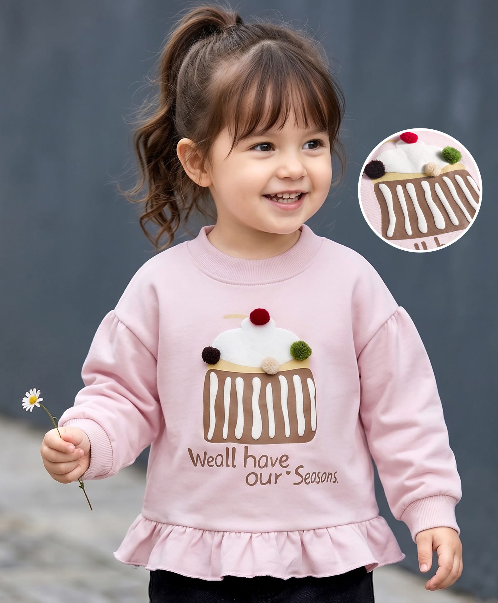 Mark & Mia Terry Fabric Knit Full Sleeves Oversized Sweatshirt With Cupcake Print Pom Pom & Frill Detailing - Peach-image-8