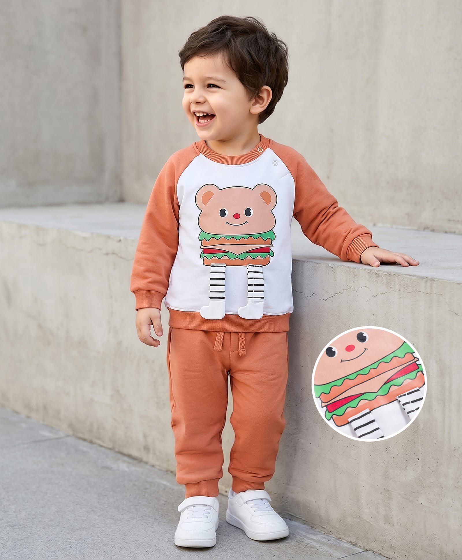 Mark & Mia Terry Knit Full Raglan Sleeves Winter Wear Suit with Burger Graphic & Bear Applique - Coral-image-41