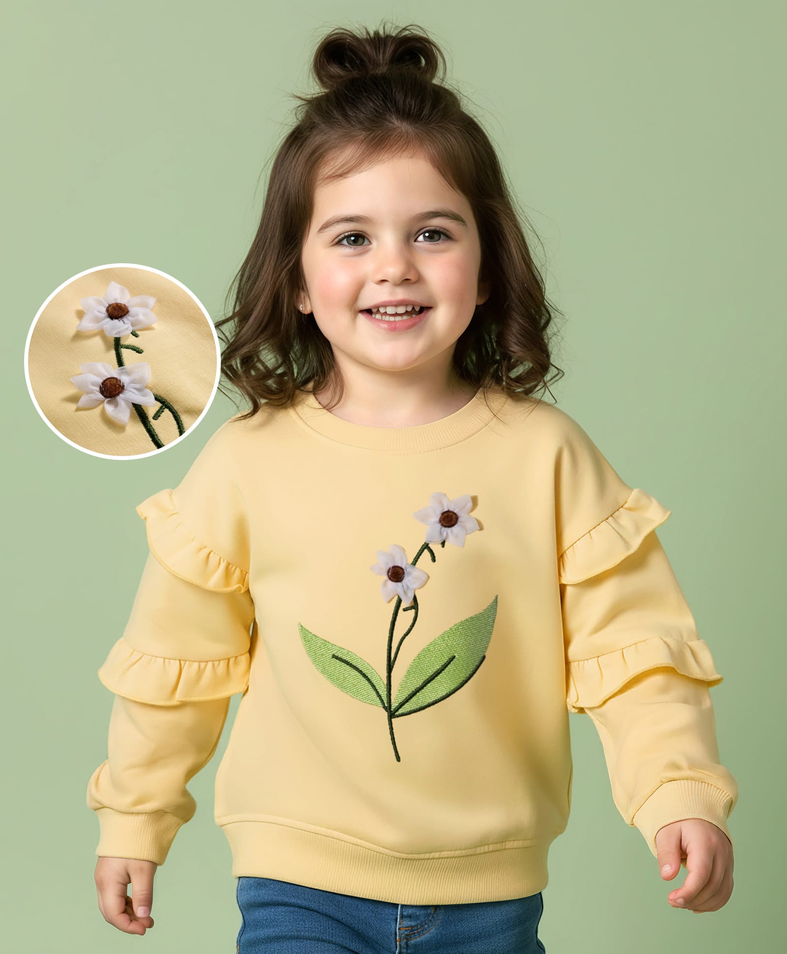 Mark & Mia Terry Knit Full Slevees Oversize Sweatshirt with Floral & Frill Detailing - Light Yellow