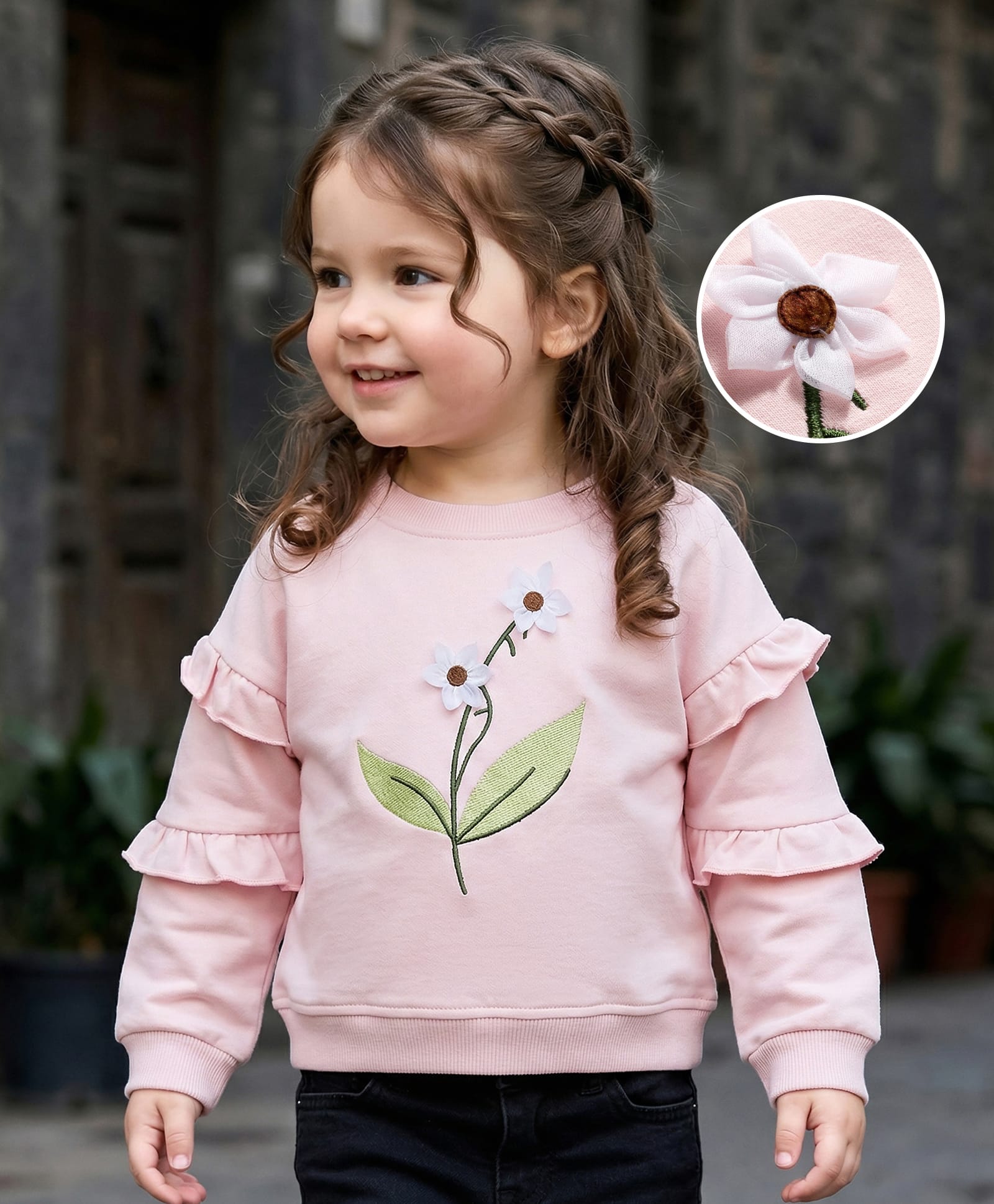 Mark & Mia Terry Fabric Knit Full Sleeves Oversized Sweatshirt With Floral Embroidery & Frill Detailing - Pink-image-17