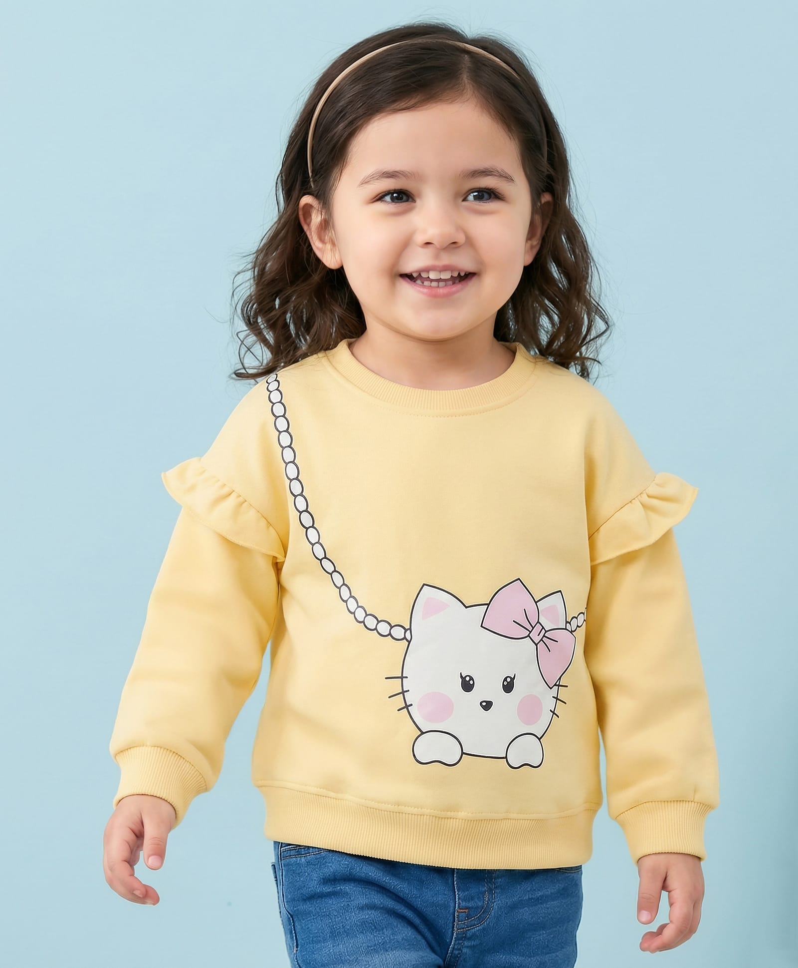 Mark & Mia Terry Knit Full Sleeves Oversized Sweatshirt with Kitty Graphic & Frill Detailing - Yellow-image-22