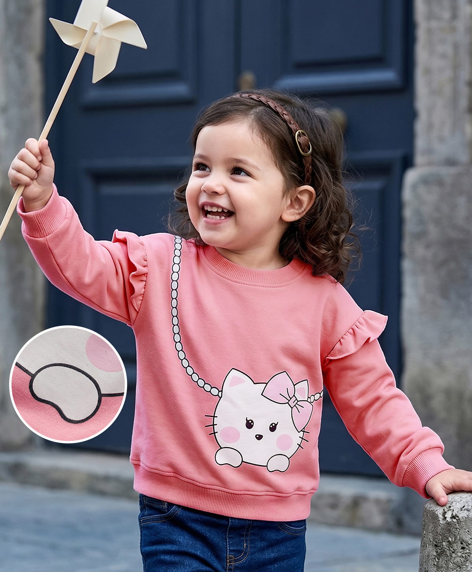 Mark & Mia Terry Knit Full Sleeves Oversized Sweatshirt with Kitty Graphic & Frill Detailing - Pink-picture-17