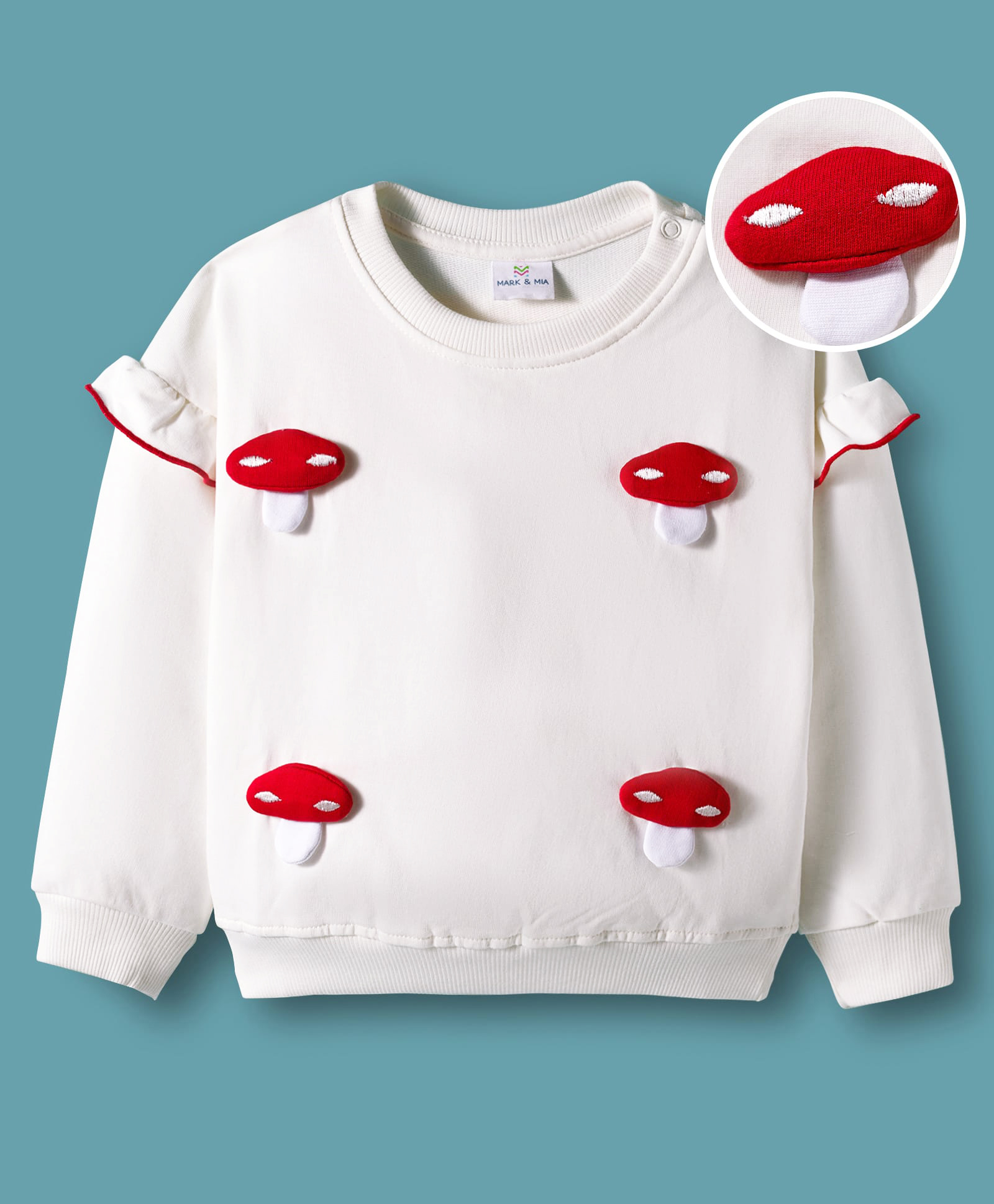 Mark & Mia Terry Knit Full Sleeves Oversized Sweatshirt With Mushroom Applique & Frill Detailing - White-image-11