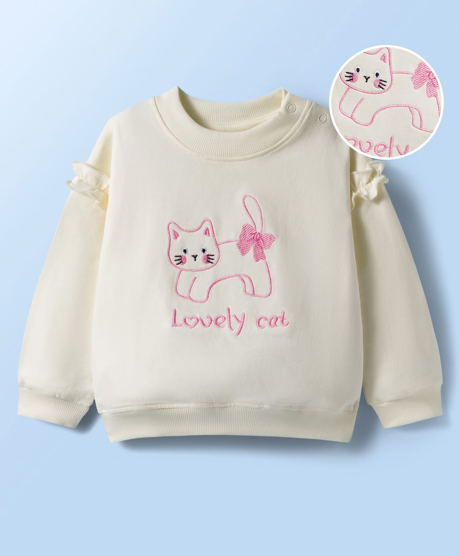 Mark & Mia Terry Knit Full Sleeves Oversized Sweatshirt With Cat Embroidery & Frill Detailing - Cream