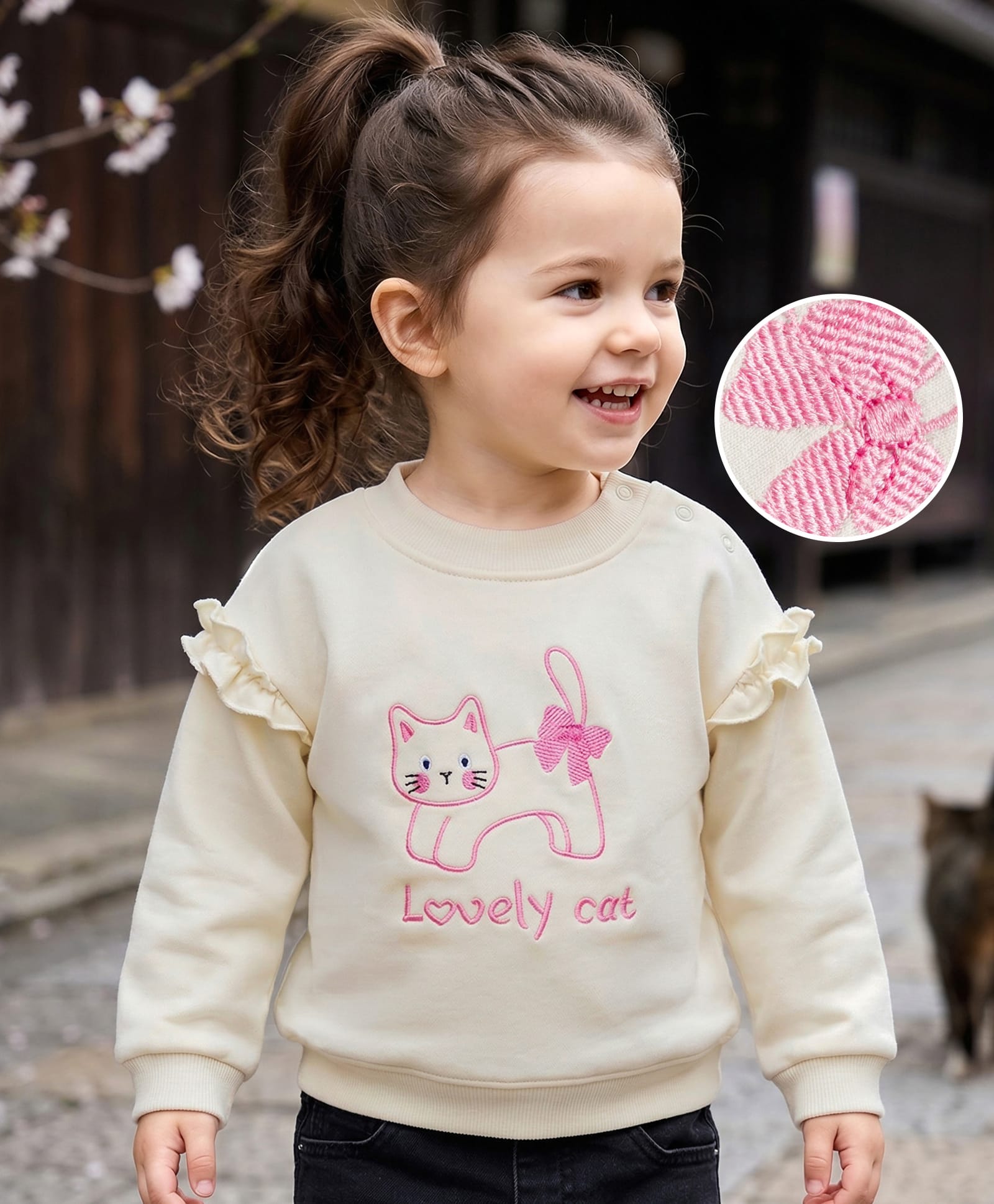 Mark & Mia Terry Knit Full Sleeves Oversized Sweatshirt With Cat Embroidery & Frill Detailing - Cream-image-31