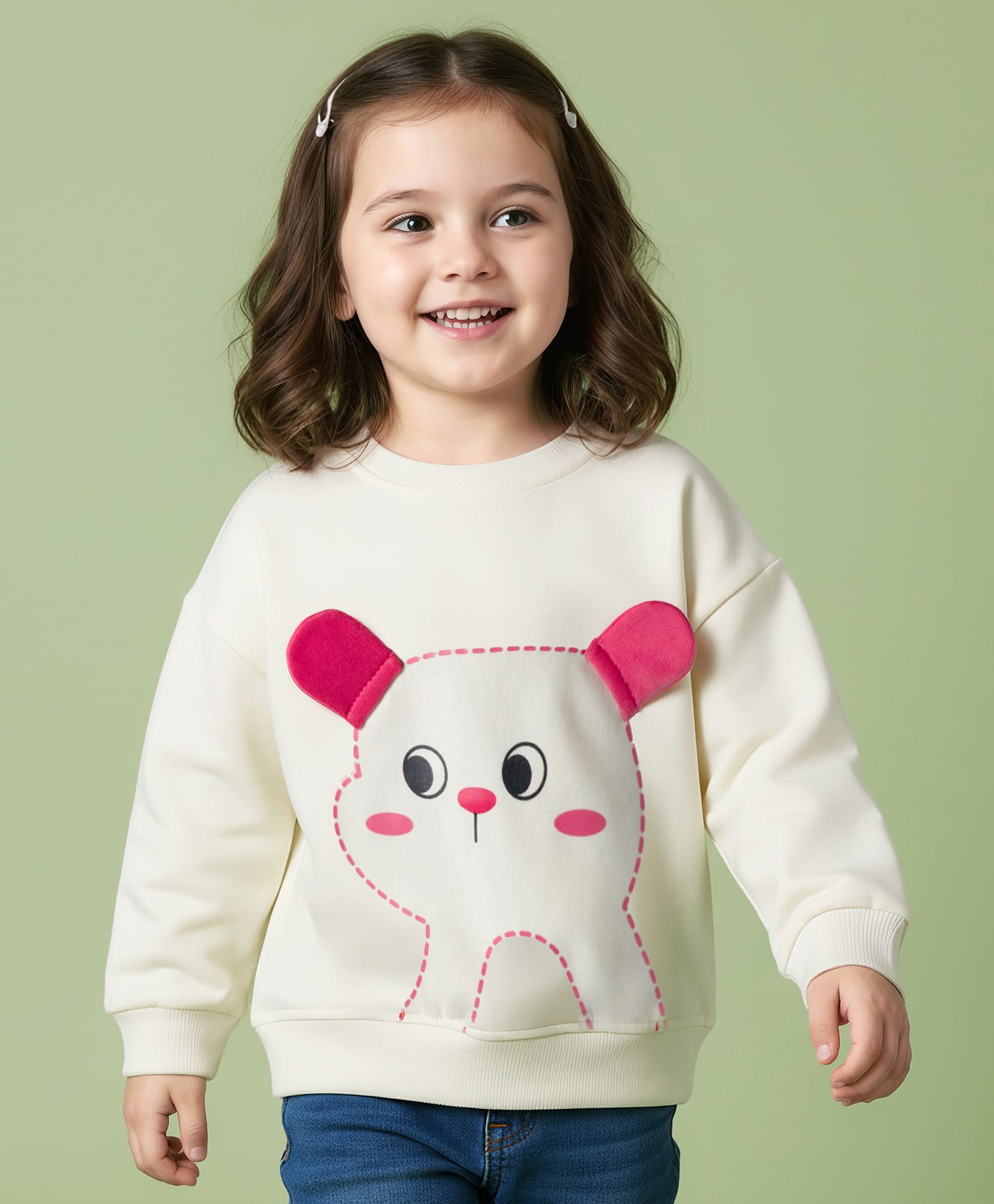 Mark & Mia Terry Knit Full Sleeves Sweatshirt With Animal Print & Ear Applique - Cream-picture-19